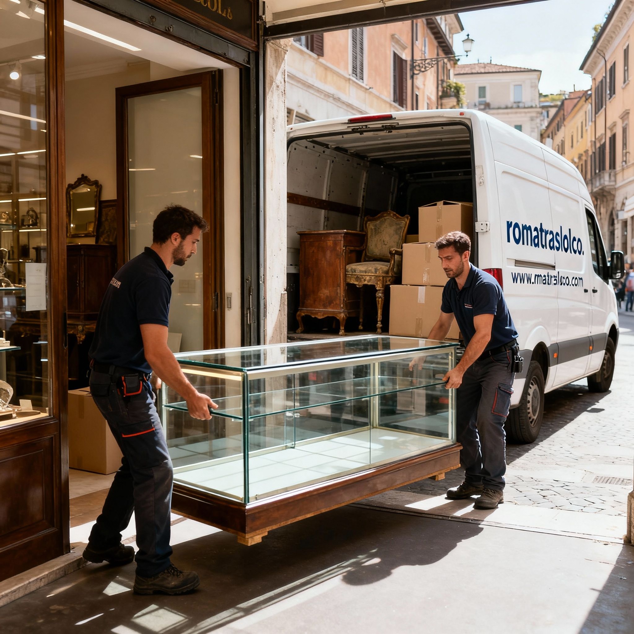 Sgombri negozi Roma: team di professionisti che sposta con cura un bancone pesante durante lo sgombero di un locale.