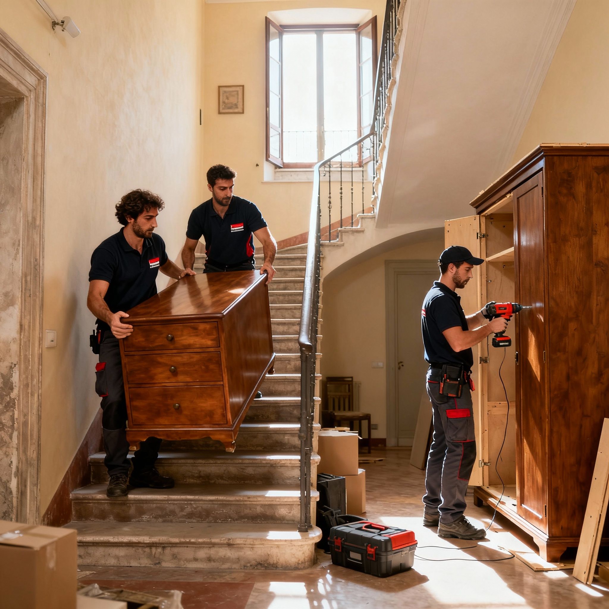 Smontaggio mobili Roma - team di professionisti trasporta con cura un mobile di valore lungo le scale di un palazzo.