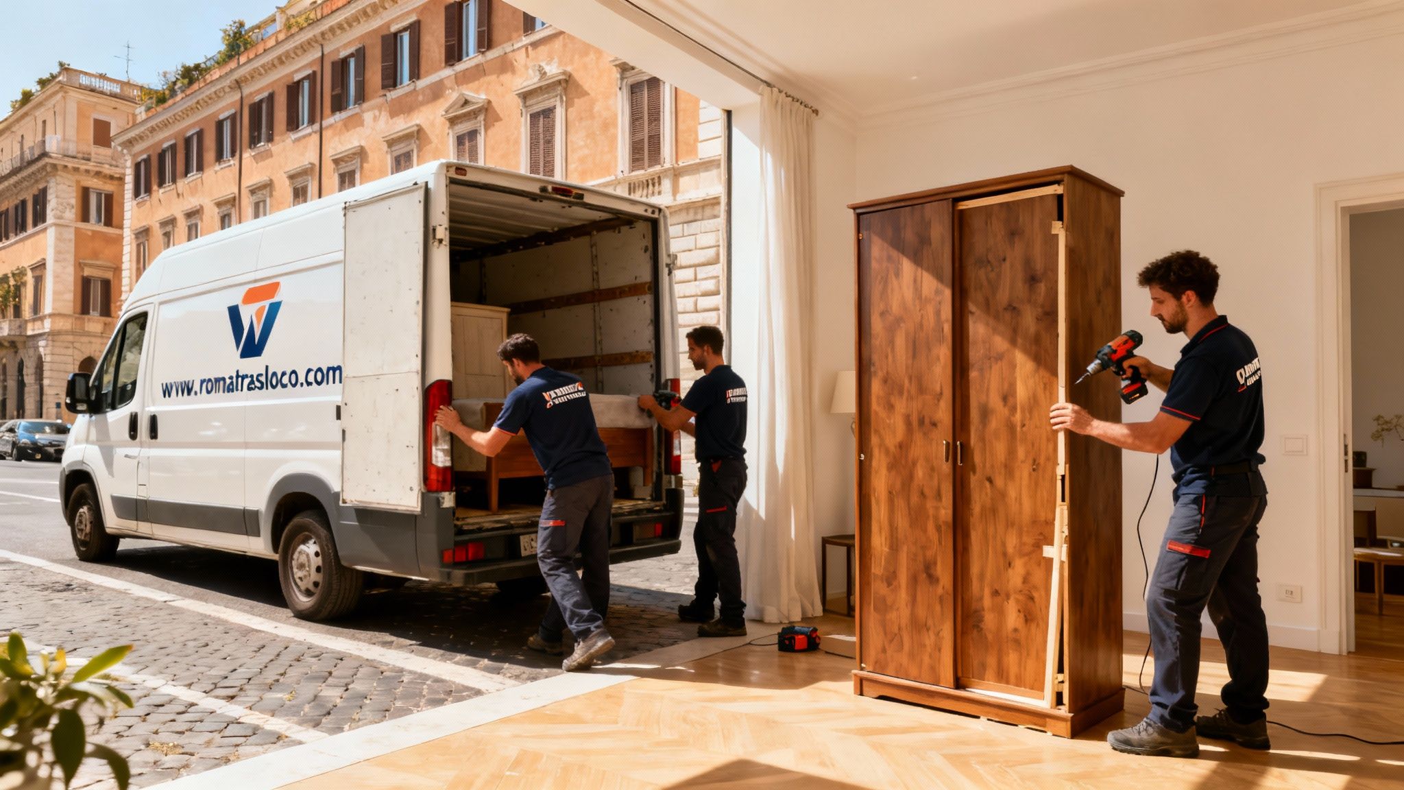 Smontaggio mobili Roma - squadra di traslocatori professionisti carica un furgone brandizzato Roma Trasloco in una via di Roma.