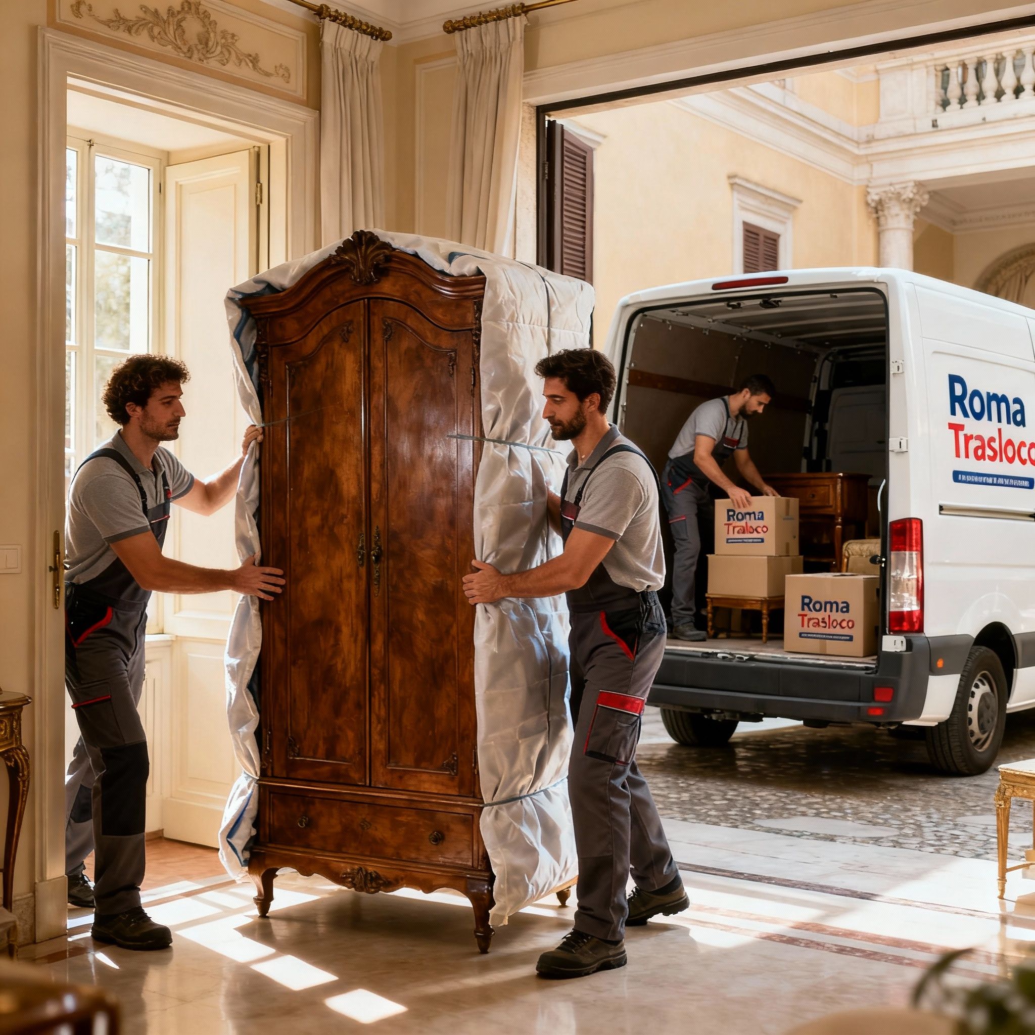 Traslochi Completi Roma: il nostro team di traslocatori esperti manovra con cura un mobile antico in un appartamento.