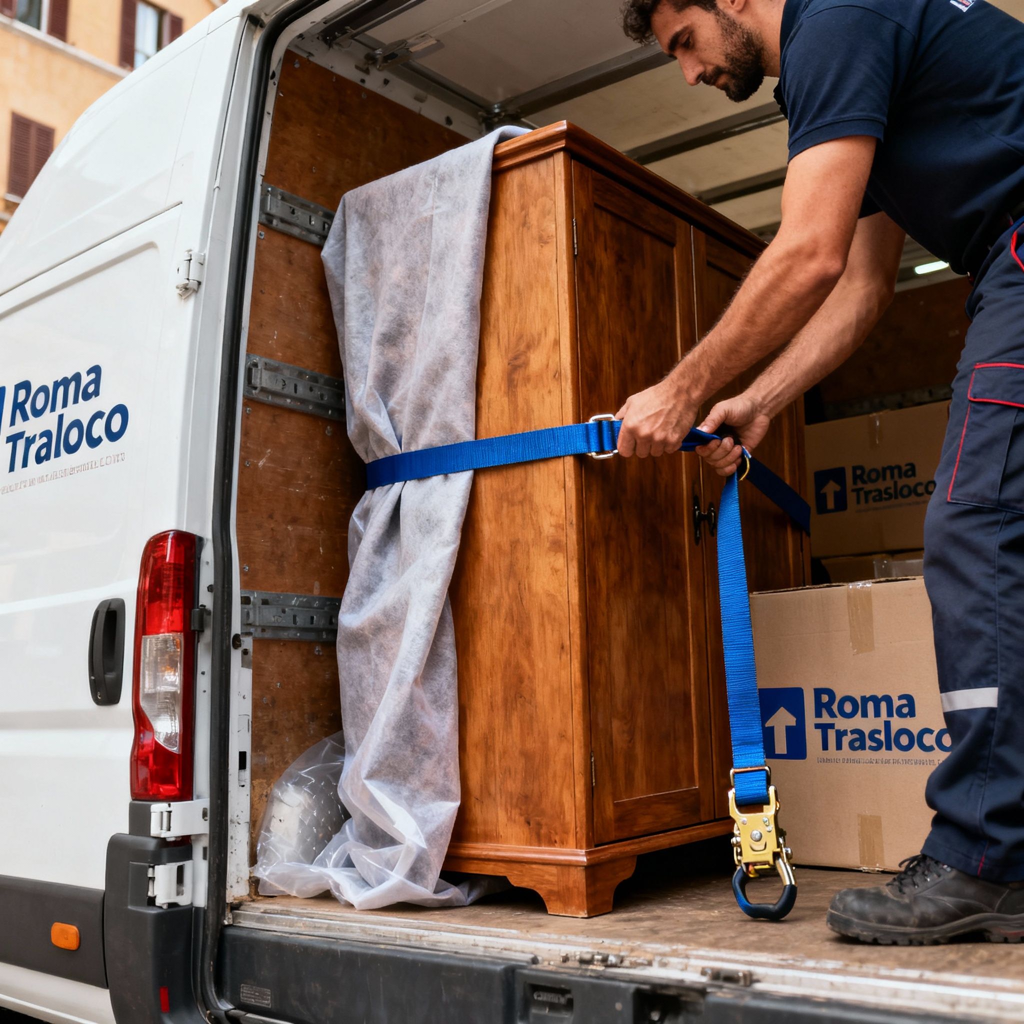 Traslochi Completi Roma: dettaglio del fissaggio sicuro di un mobile all'interno del furgone con cinghie professionali.