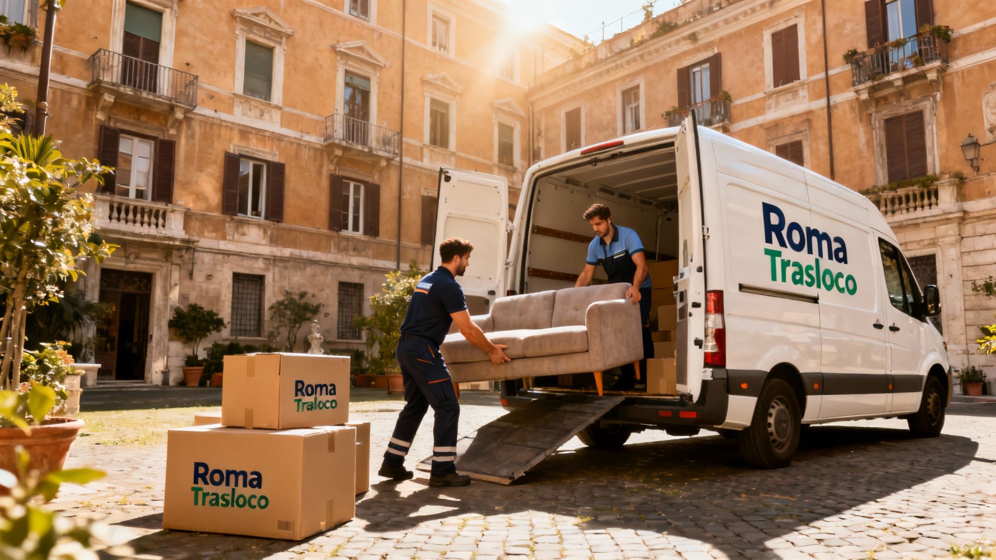 Traslochi Completi Roma: squadra di professionisti carica un furgone brandizzato in un cortile residenziale romano.