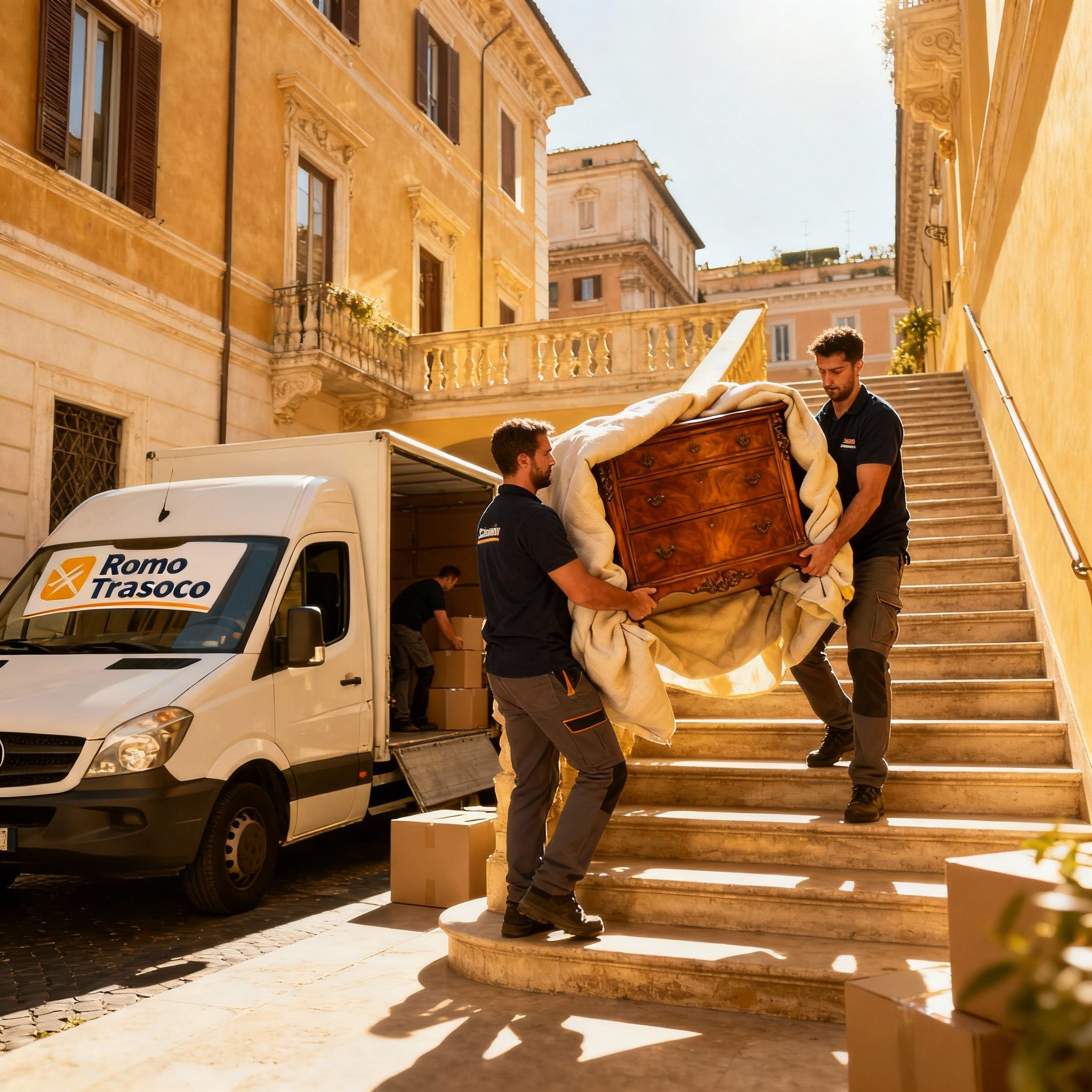 Traslochi Economici Roma - Team di traslocatori esperti che trasporta con cura mobili di valore in un palazzo residenziale.