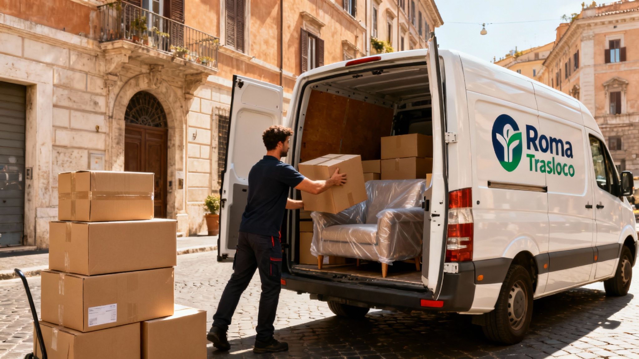Traslochi Economici Roma - Squadra di professionisti al lavoro con furgone brandizzato in una via del centro storico.