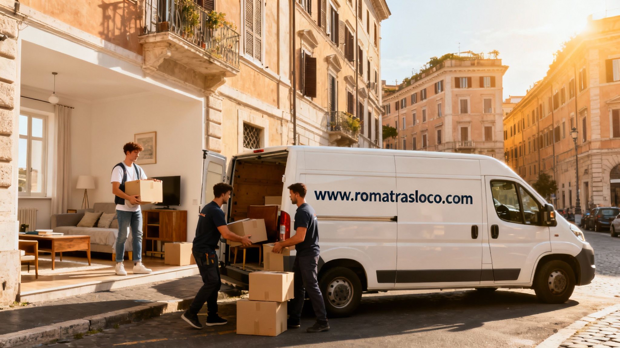 Traslochi studenti Roma: squadra di professionisti carica un furgone brandizzato Roma Trasloco in una via della capitale.