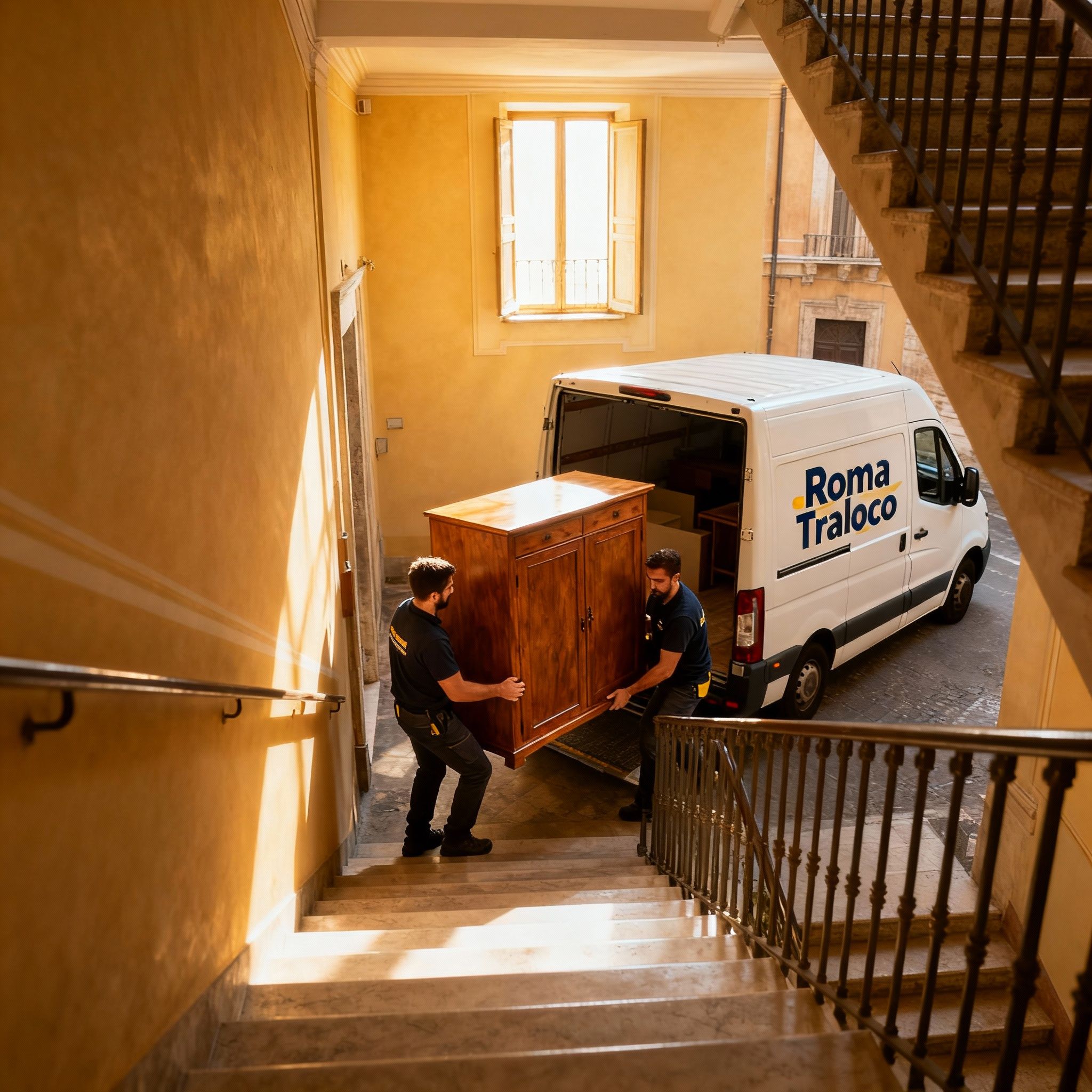 Traslochi urgenti Roma - team di traslocatori esperti che trasporta con cura un mobile pesante lungo le scale di un palazzo.