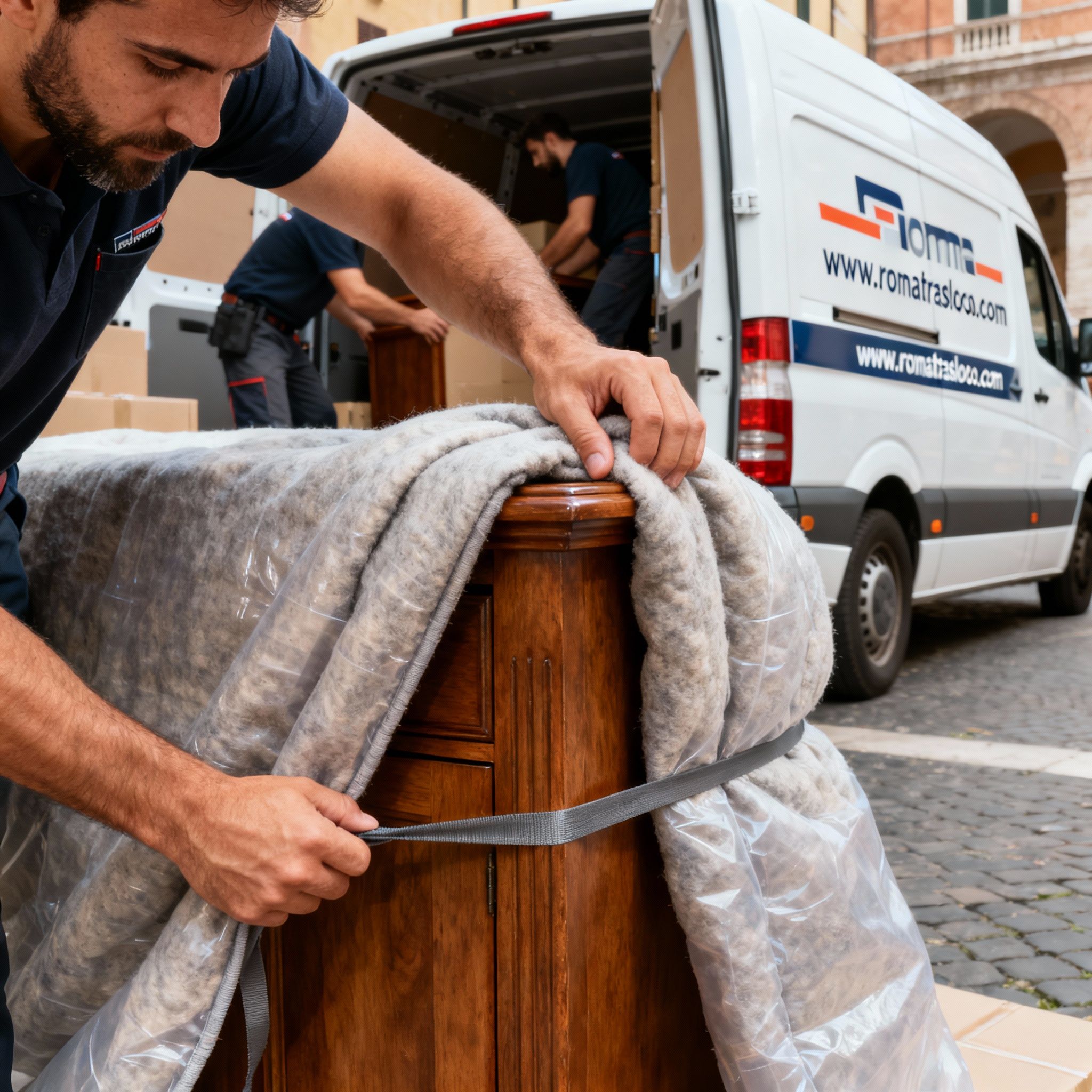 Traslochi urgenti Roma - dettaglio di mani che proteggono un mobile con coperte imbottite professionali per il trasporto.