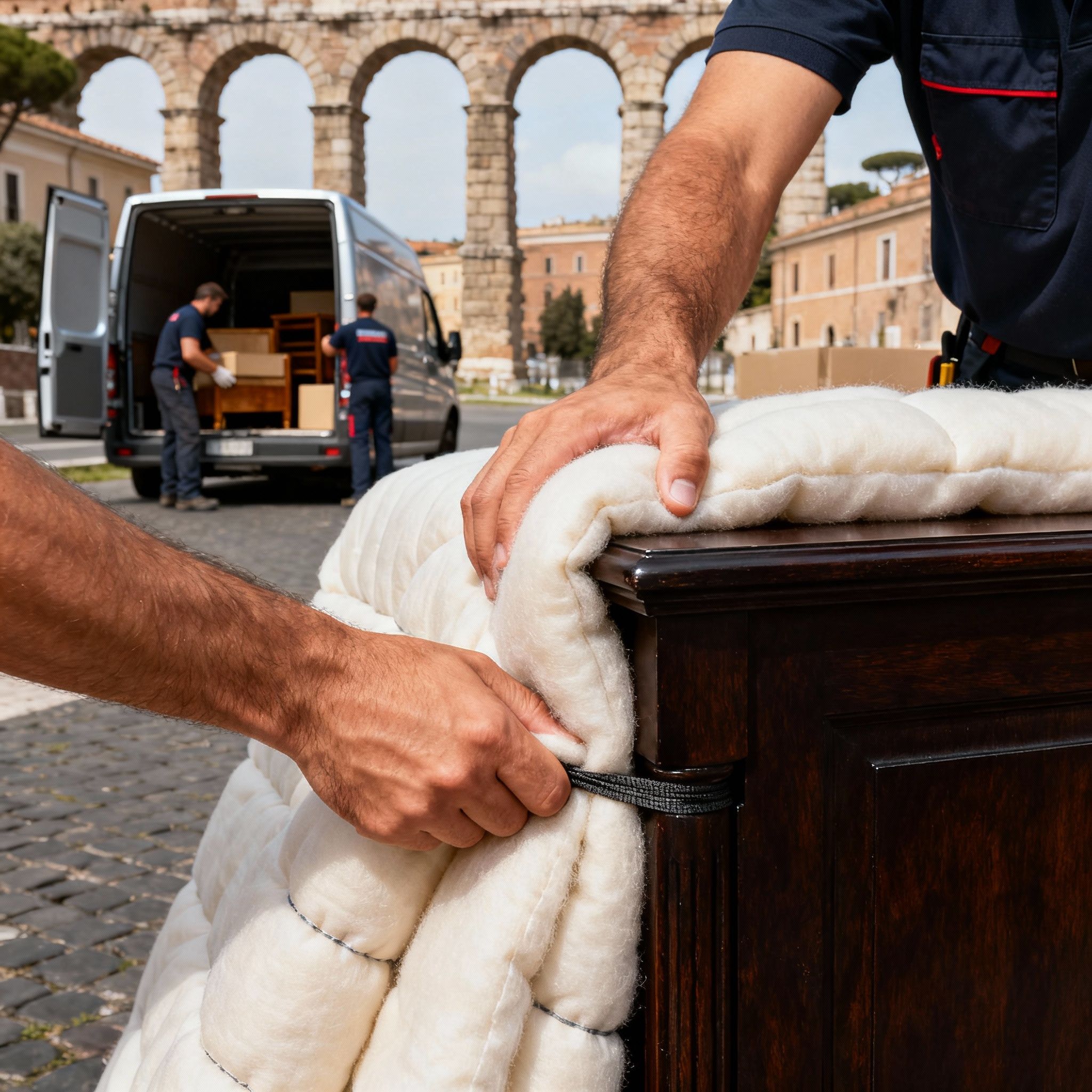 Dettaglio della protezione mobili per il trasloco Appio-Latino: mani esperte fissano coperte imbottite su un angolo.