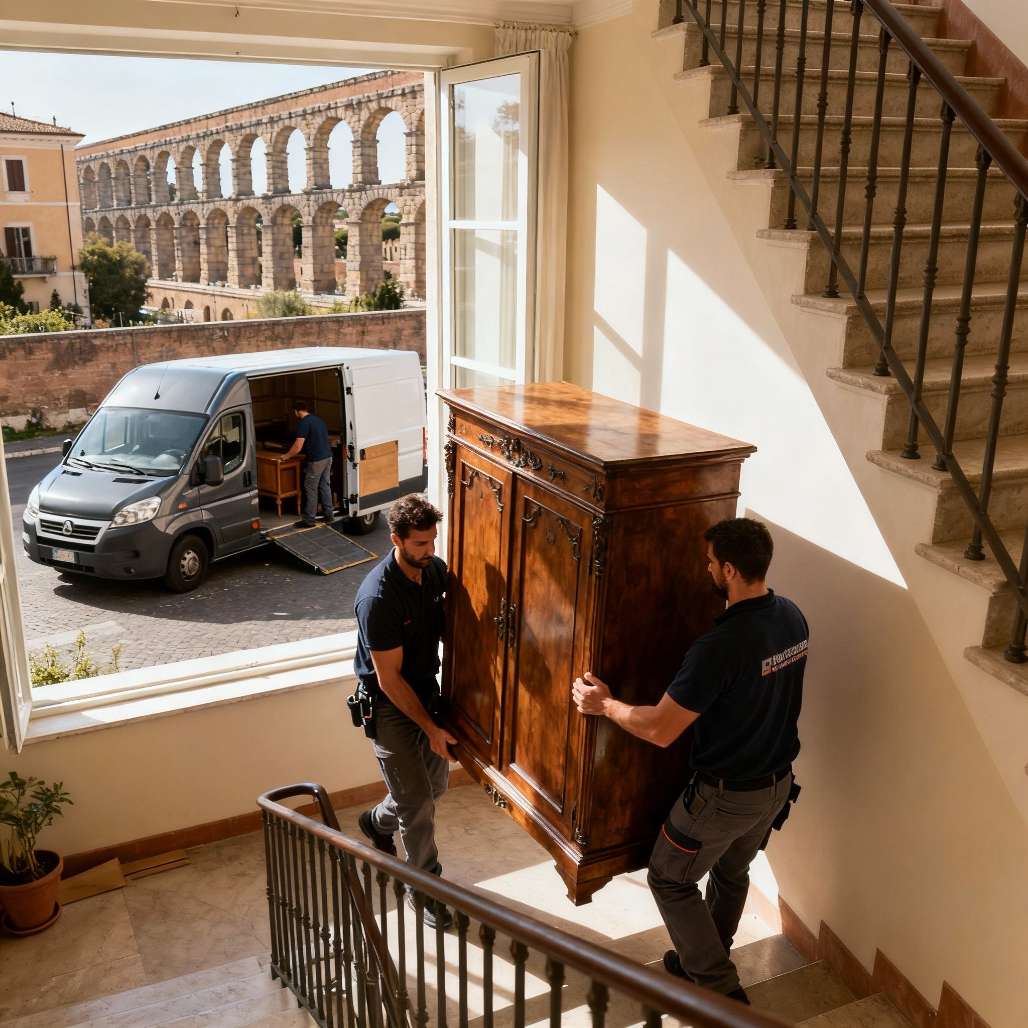 Trasloco Appio-Latino: il nostro team di traslocatori esperti sposta con cura mobili antichi nelle scale di un palazzo.