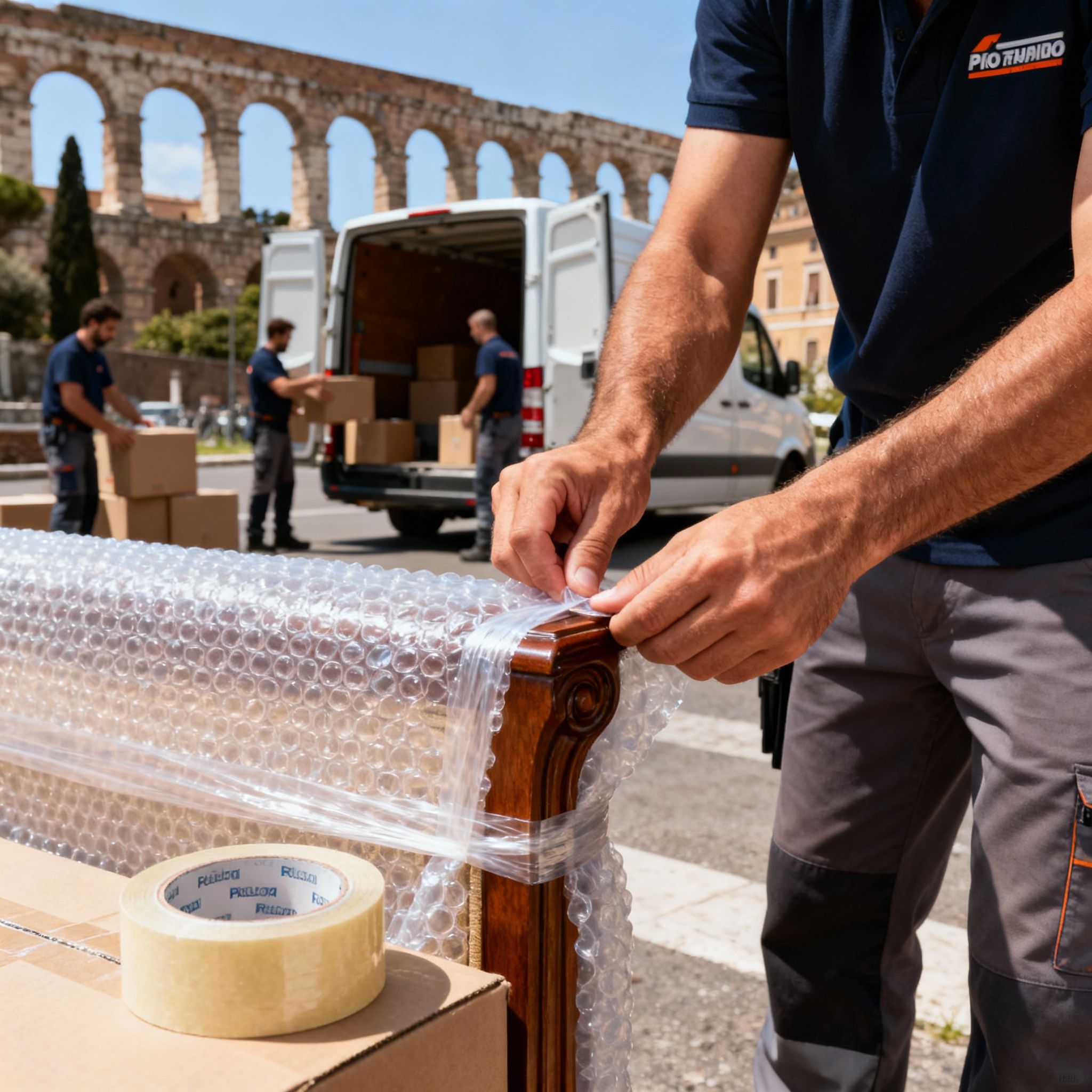 Trasloco Appio-Pignatelli - Dettaglio delle mani di un traslocatore che proteggono un mobile con cura.