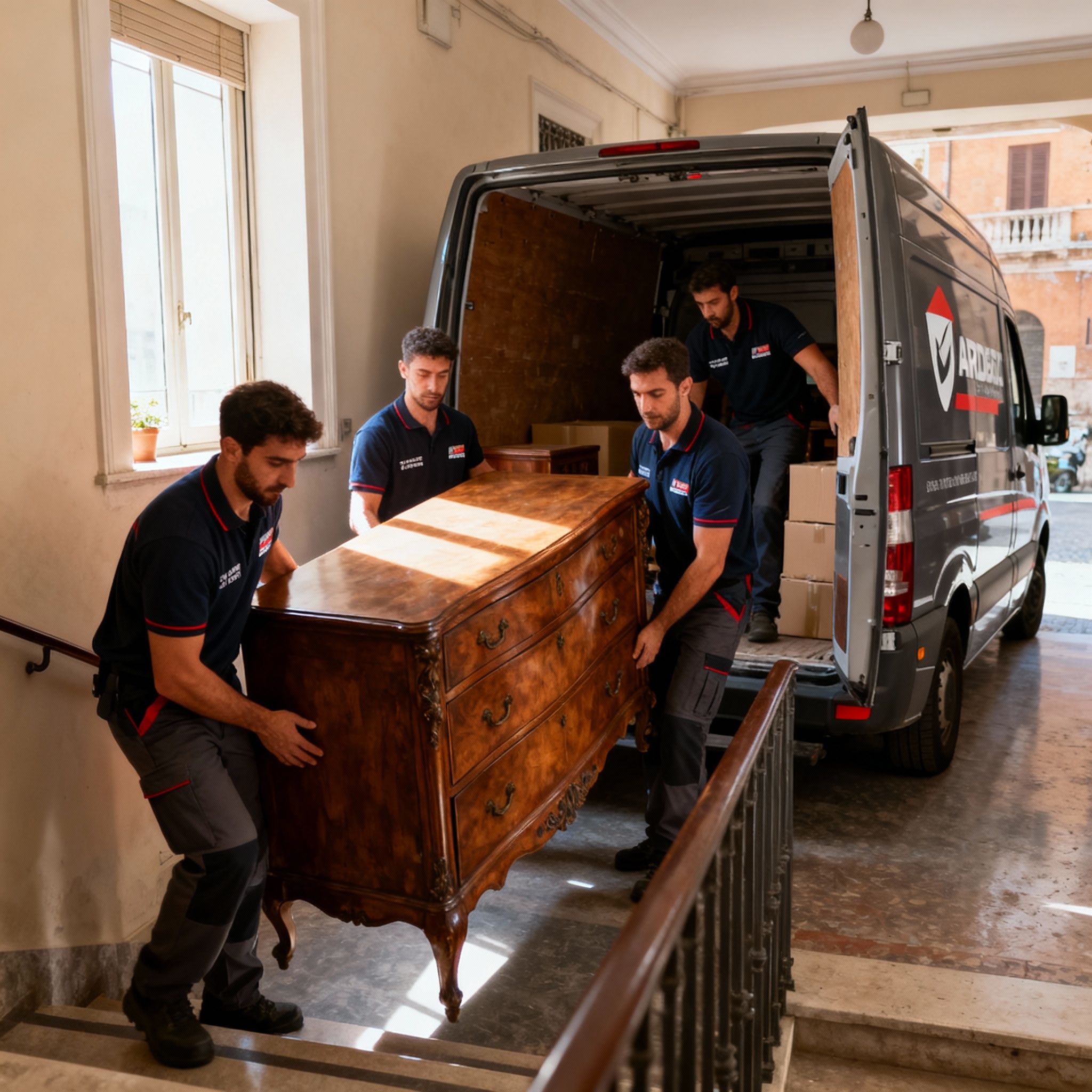 Trasloco Ardeatino - Team di professionisti che trasporta con cura un mobile prezioso lungo le scale di un palazzo a Roma.