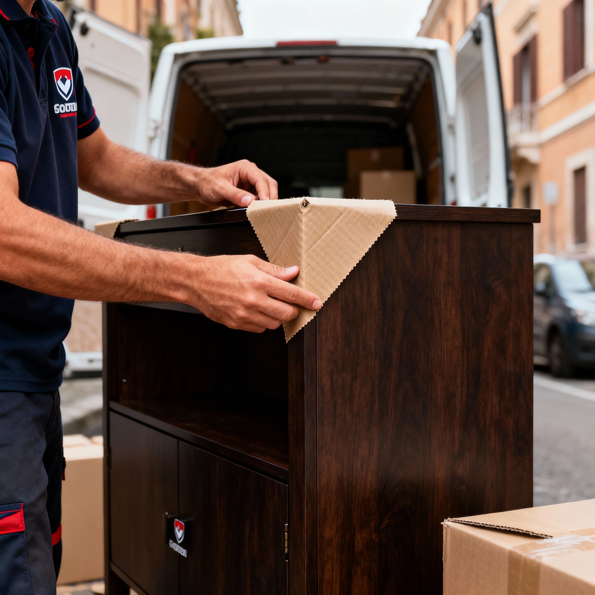 Trasloco Ardeatino - Dettaglio delle mani che proteggono un angolo di un mobile con materiale professionale.