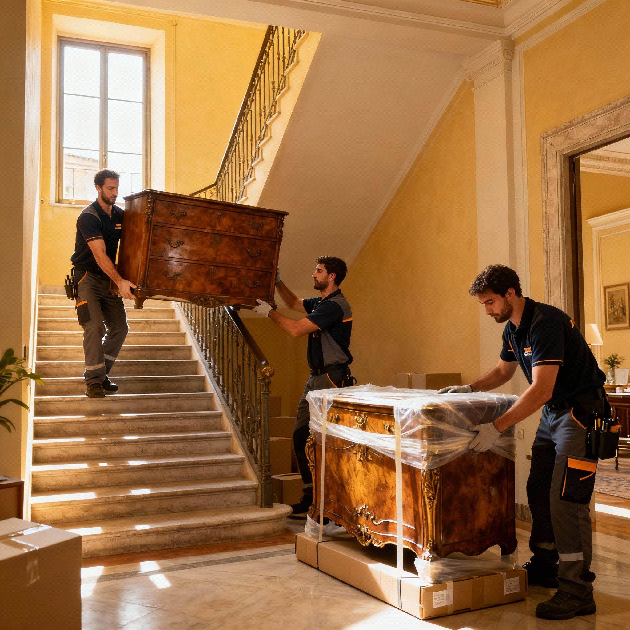 Trasloco Assicurato Roma - Team di professionisti trasporta con cura mobili antichi sulle scale di un palazzo.