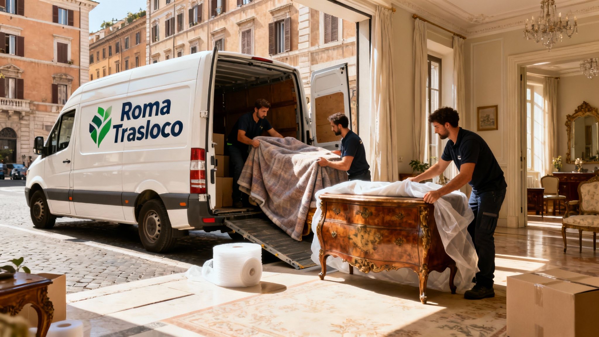 Trasloco Assicurato Roma - Squadra professionale carica furgone brandizzato in una via storica della capitale.