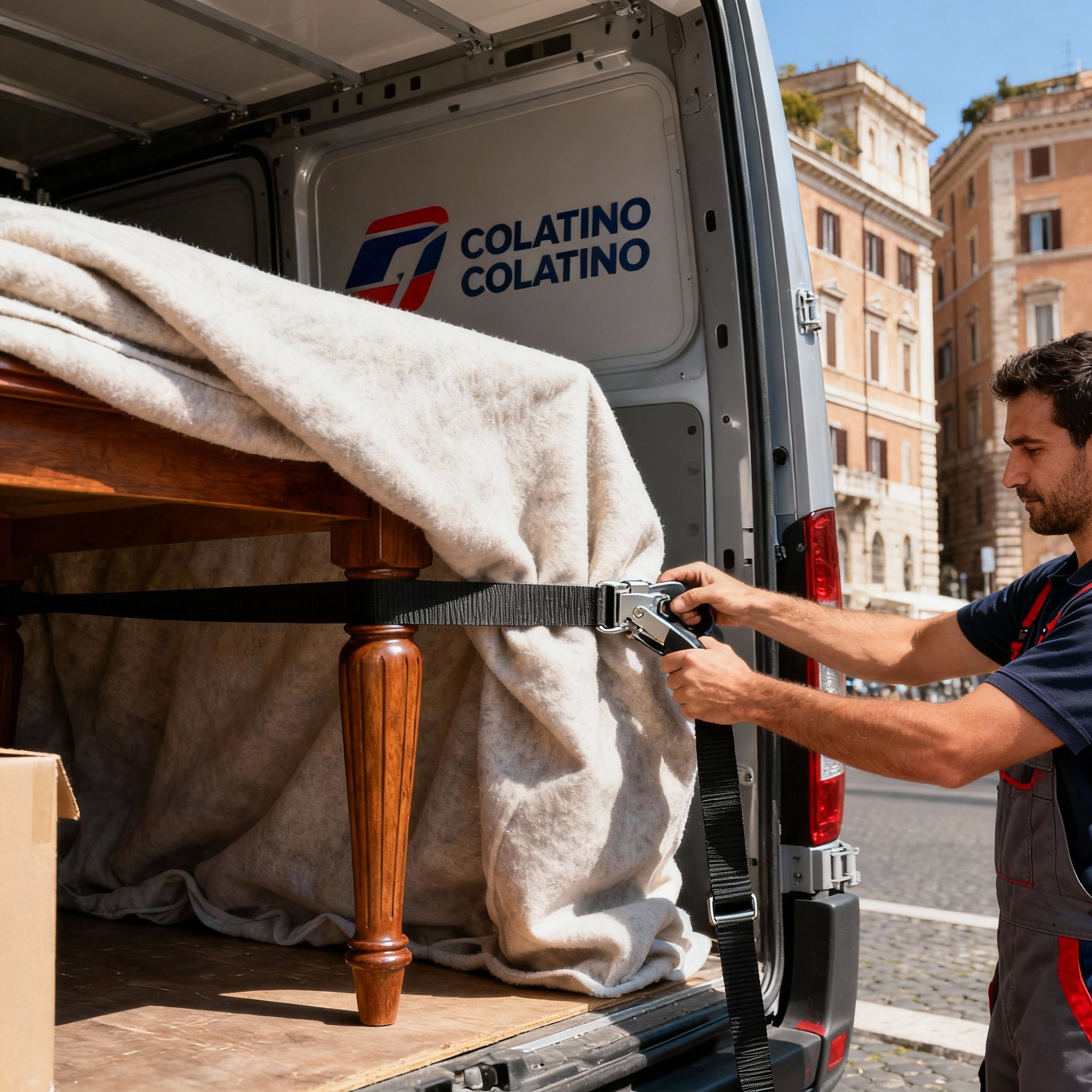 Dettaglio Trasloco Collatino: operatore fissa con cura i mobili protetti all'interno del furgone a Roma.