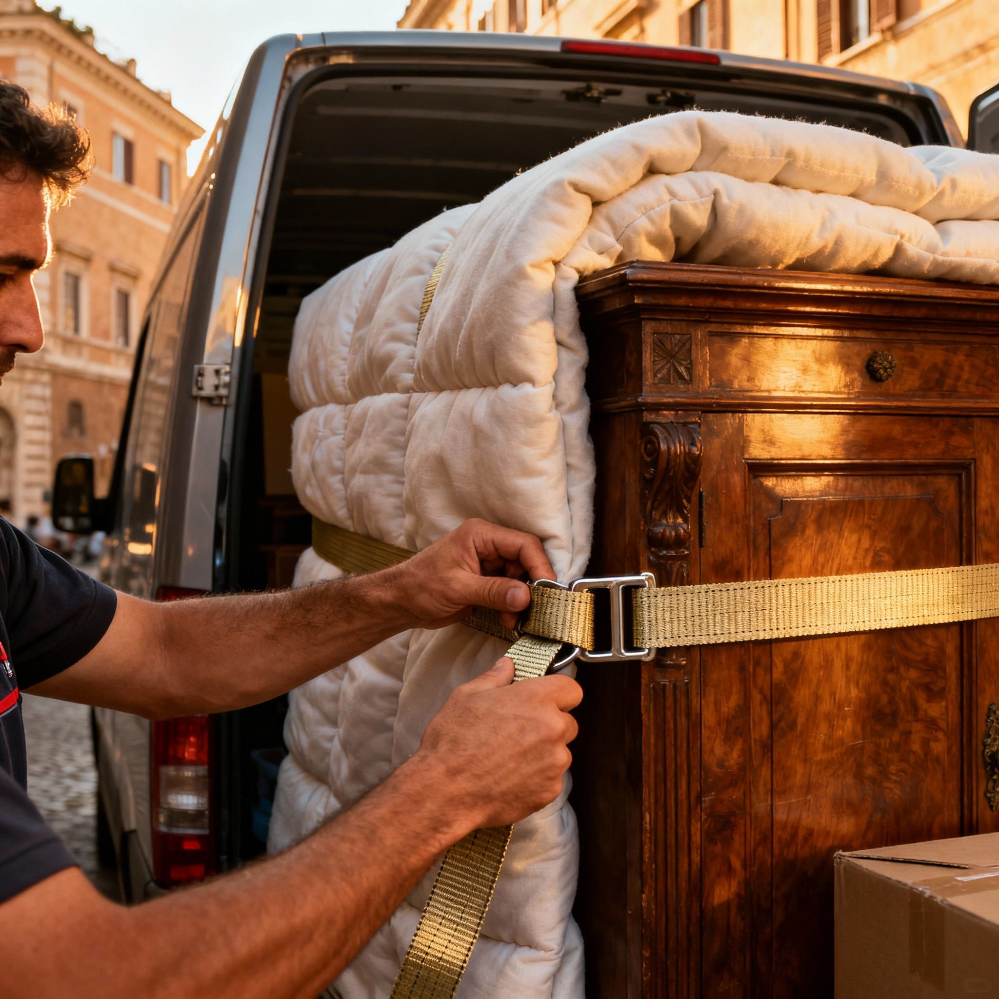Trasloco Della Vittoria - Dettaglio sulla messa in sicurezza dei mobili con coperte e cinghie.