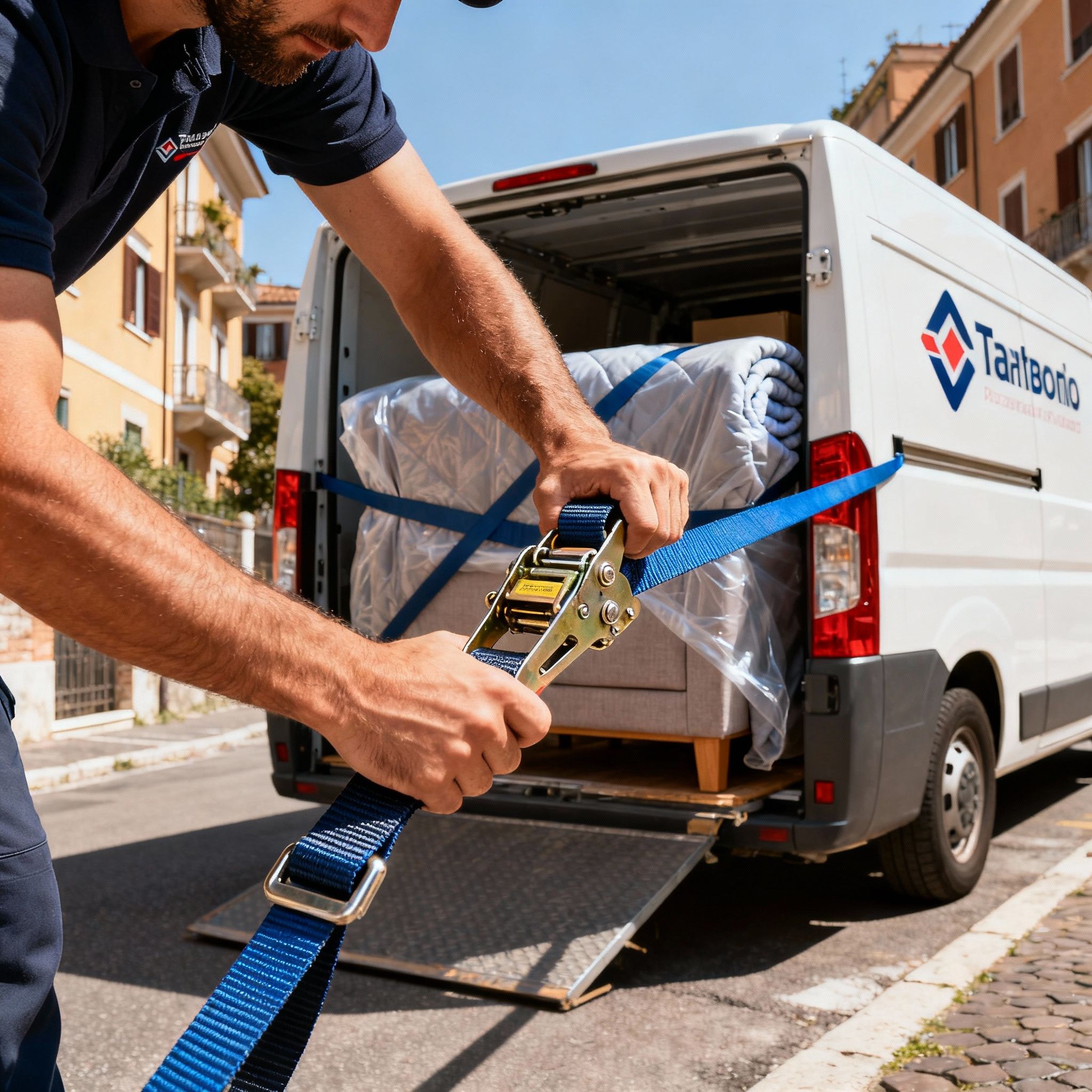 Trasloco Don Bosco - Dettaglio sulla messa in sicurezza di un mobile con cinghie professionali all'interno del furgone.