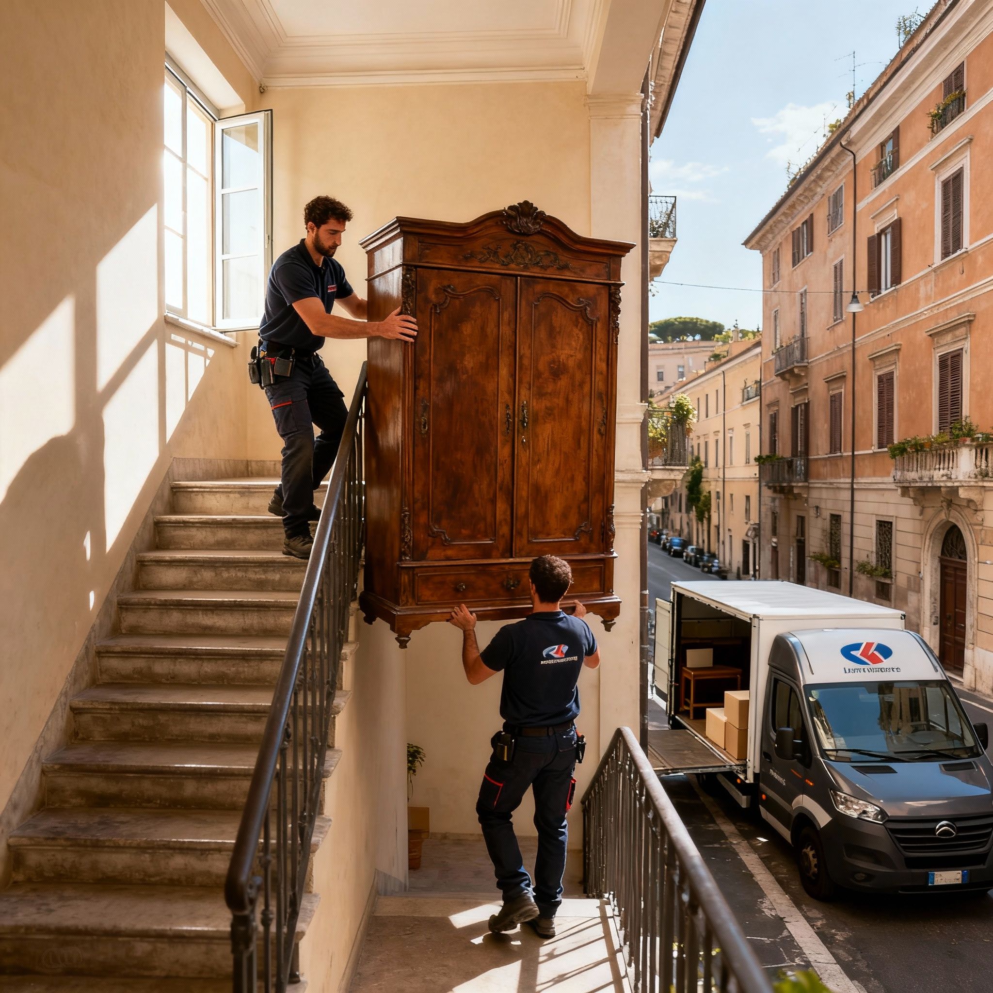 Trasloco Don Bosco - Team di professionisti trasporta con cura un armadio antico sulle scale durante un trasloco a Roma.