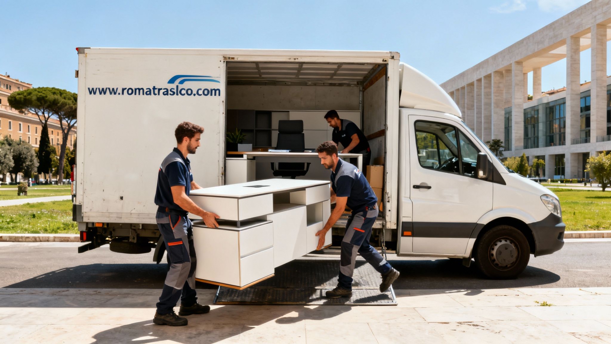 Trasloco Europa (EUR) - Squadra di professionisti carica un furgone moderno per un trasloco di uffici a Roma.