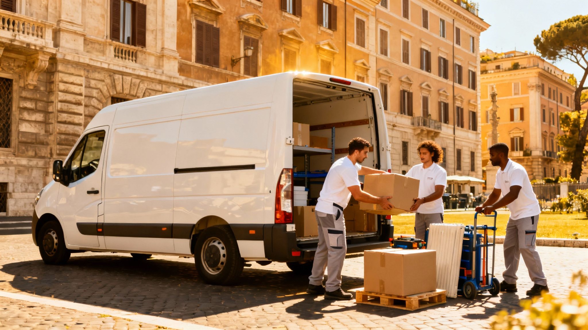 Trasloco Flaminio Roma: squadra di professionisti carica un furgone moderno con efficienza nel quartiere Flaminio.