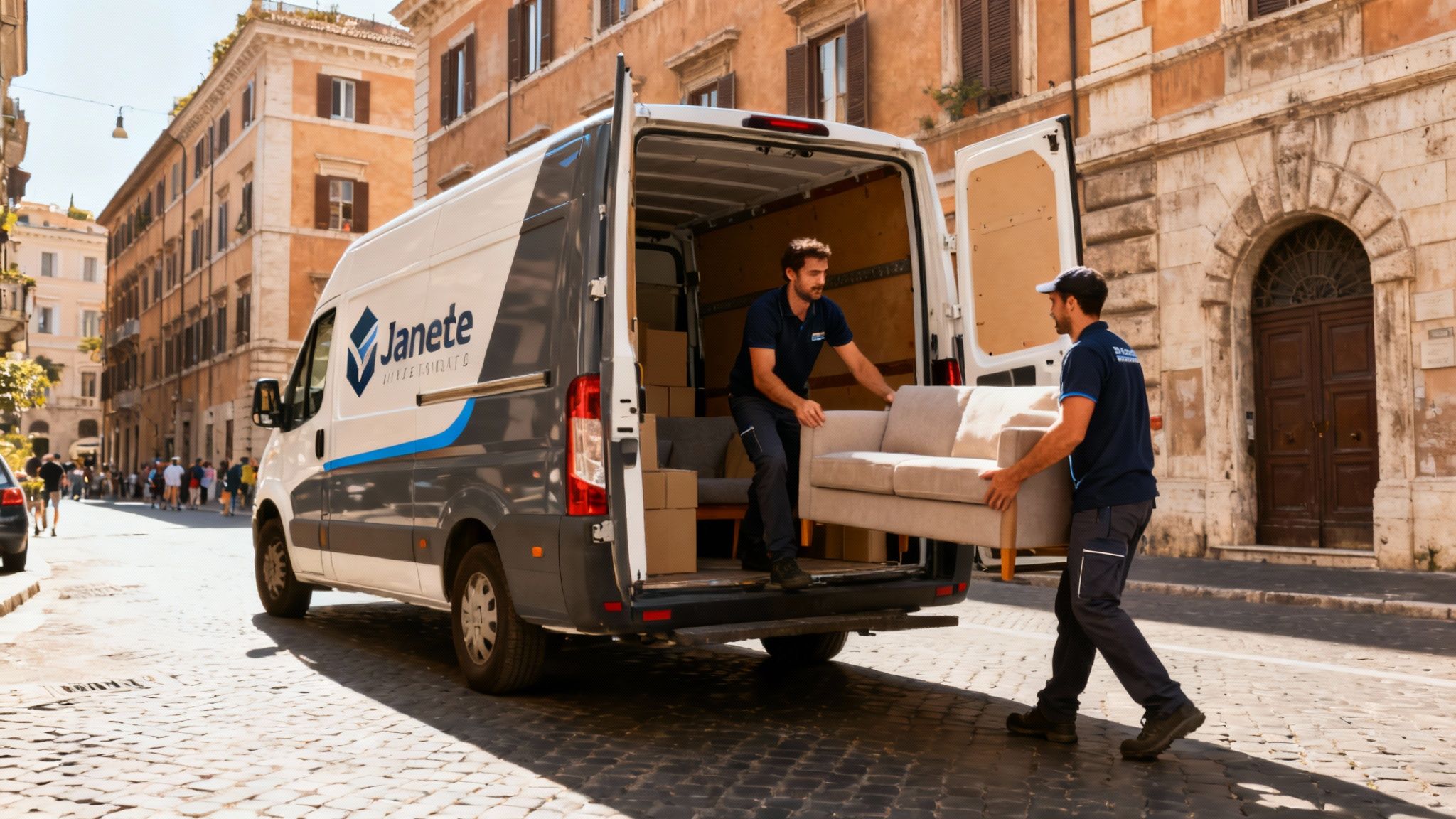Trasloco Gianicolense - Squadra professionale carica un furgone moderno in una caratteristica via di Roma, servizio 24/7.