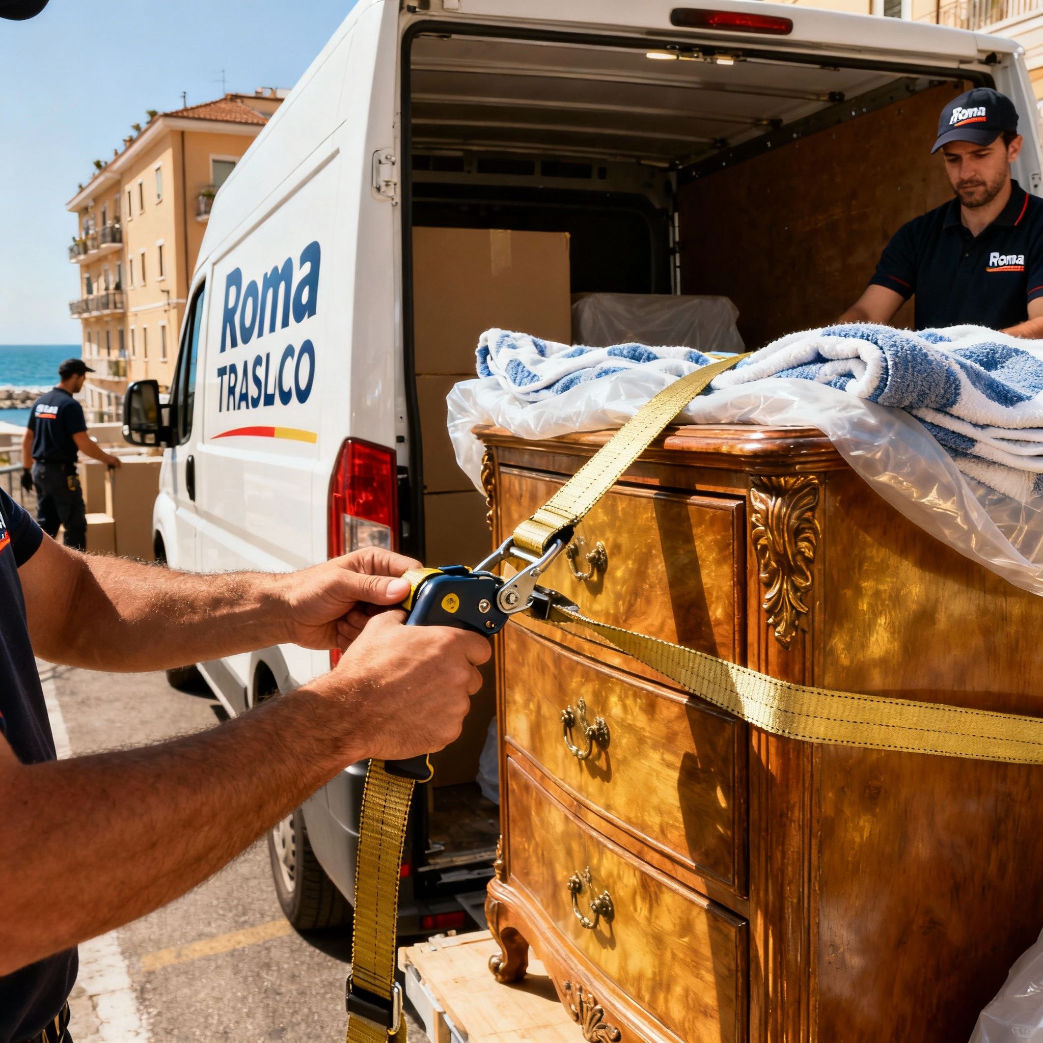 Trasloco Lido di Ostia Levante - dettaglio sulla messa in sicurezza dei mobili all'interno del furgone attrezzato.