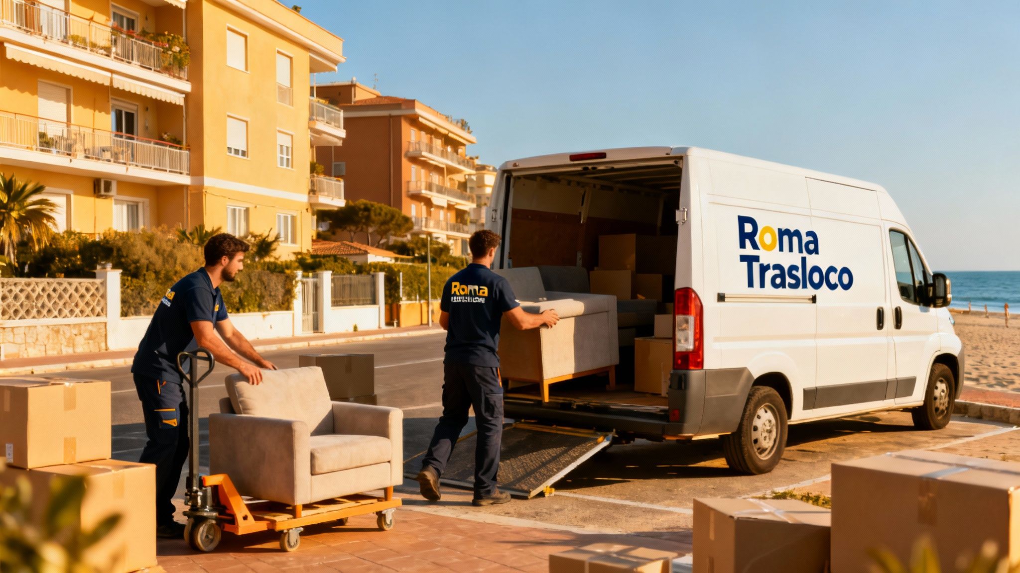 Trasloco Lido di Ostia Levante - squadra di professionisti carica furgone 'Roma Trasloco' sul litorale con efficienza.