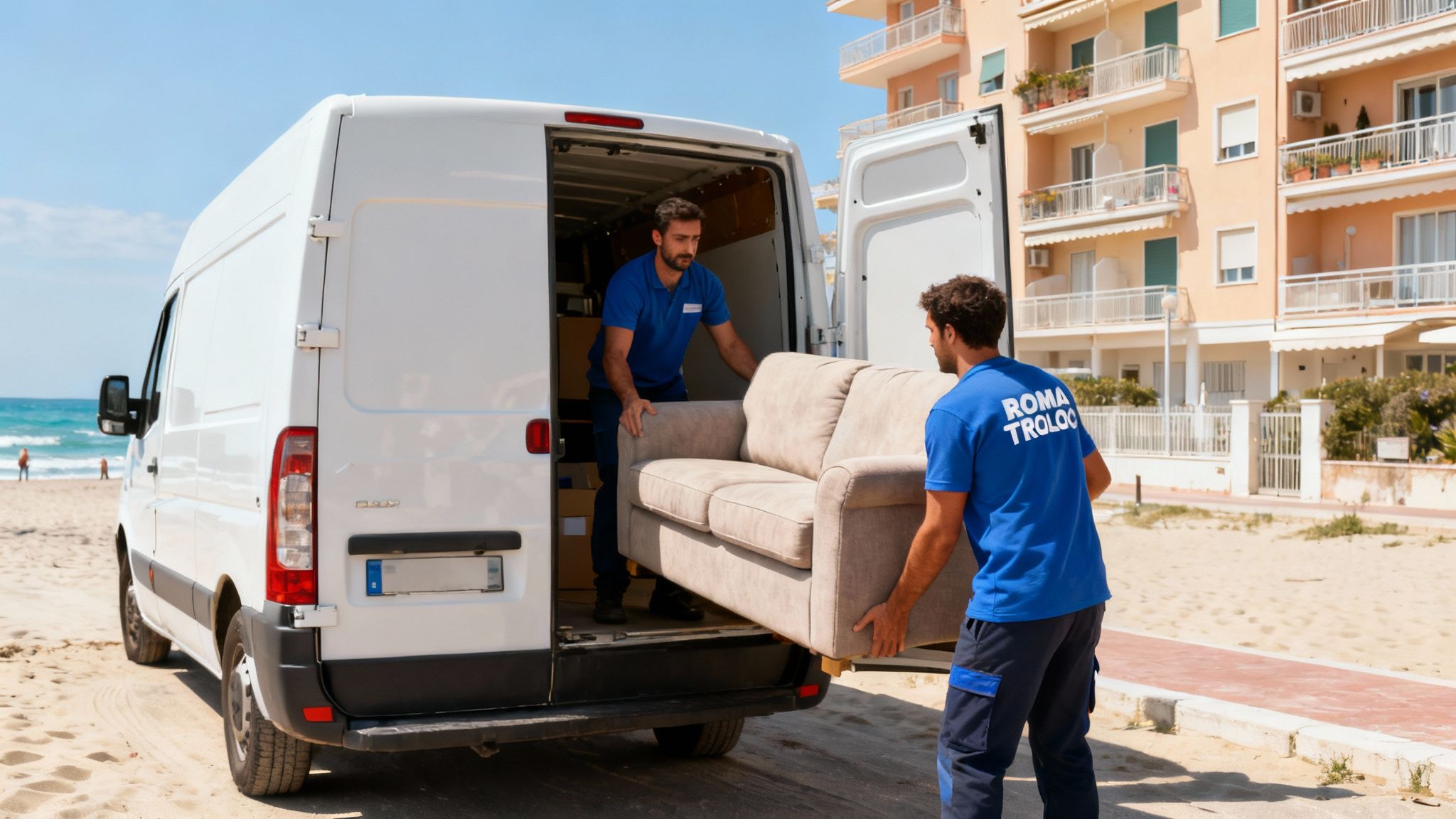 Trasloco Lido di Ostia Ponente - Squadra di professionisti carica furgone in una giornata di sole sul litorale romano.