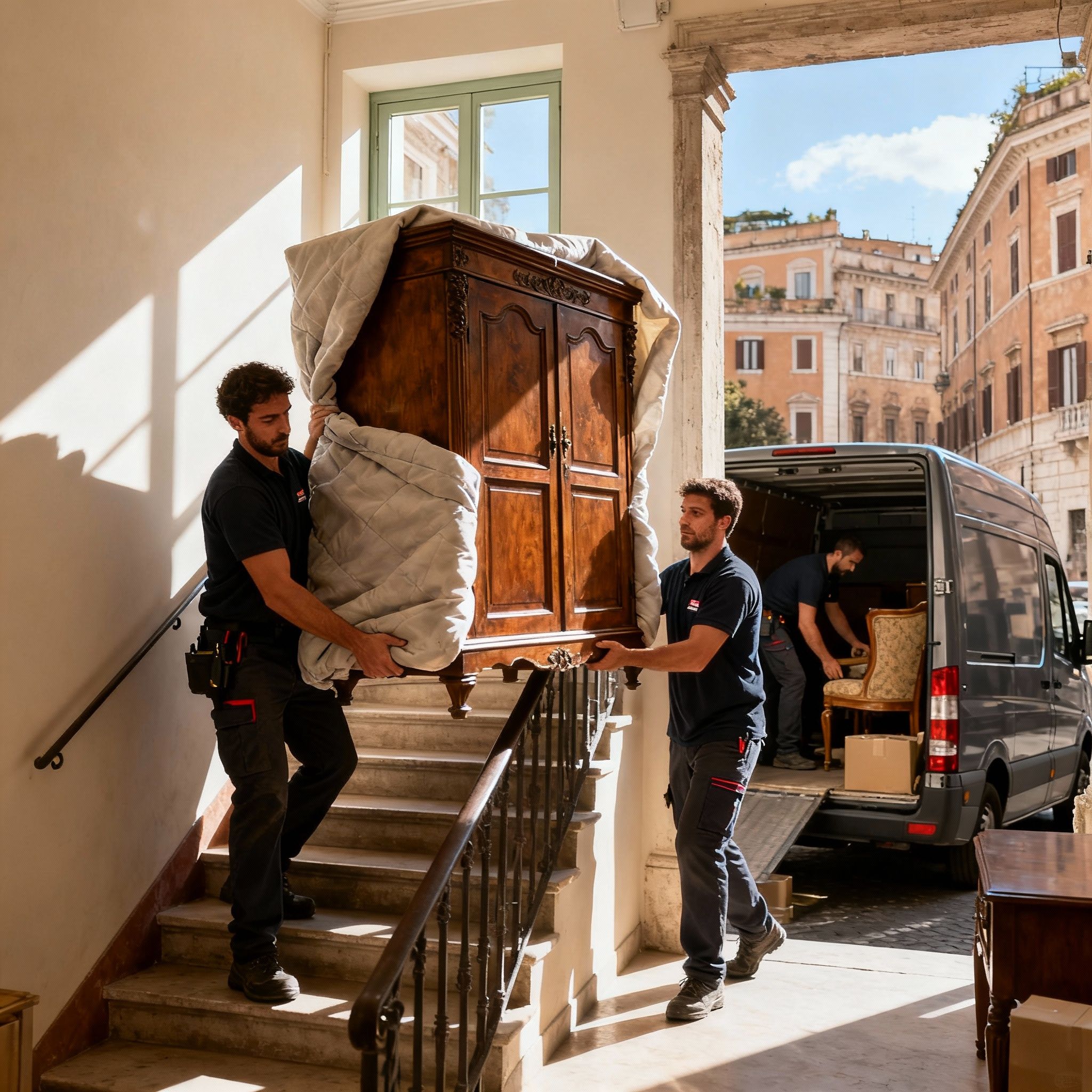 Trasloco Monte Sacro - Team di traslocatori esperti movimenta con cura un mobile di valore in un palazzo residenziale.