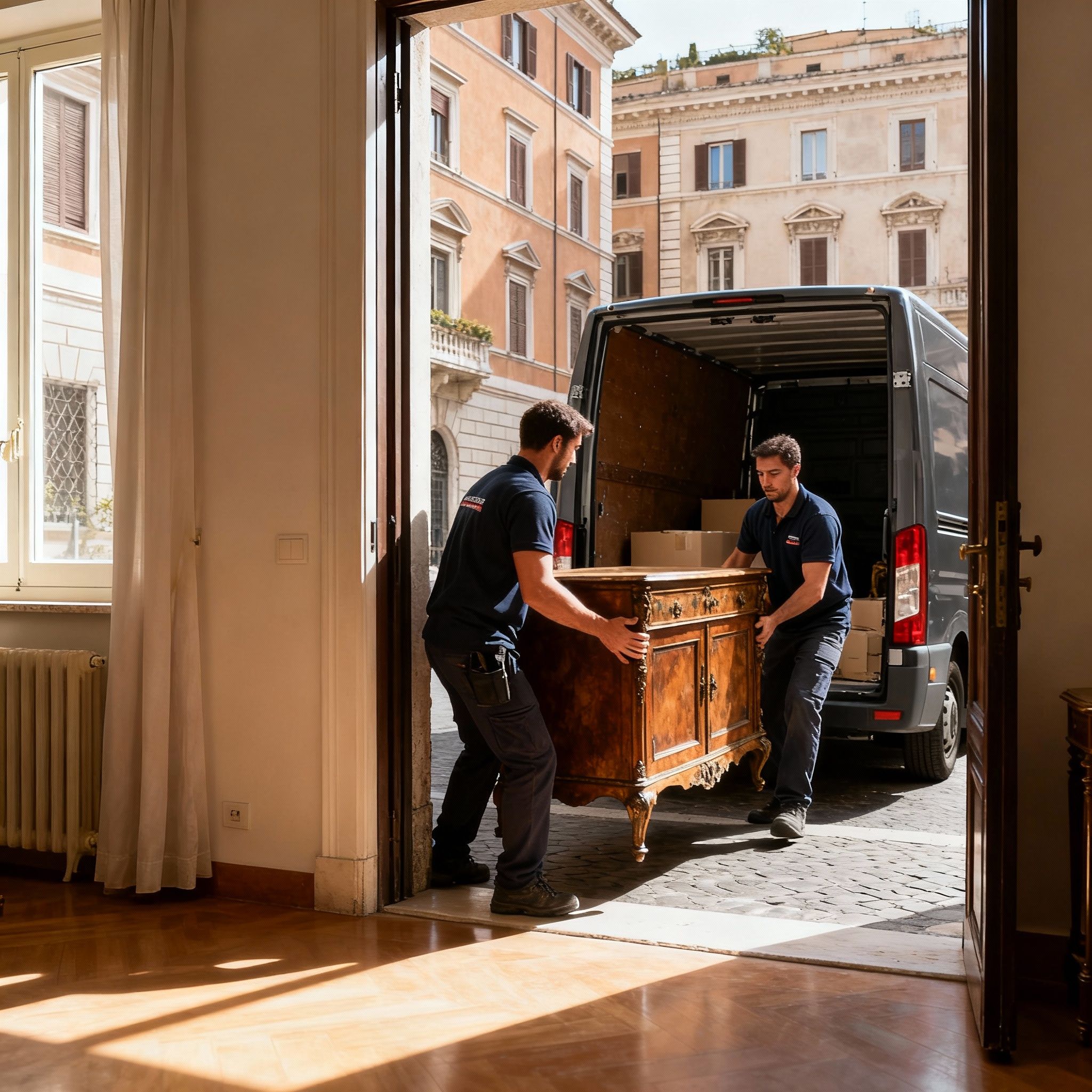 Trasloco Nomentano - team di traslocatori esperti sposta con cura un mobile di valore in un appartamento a Roma.