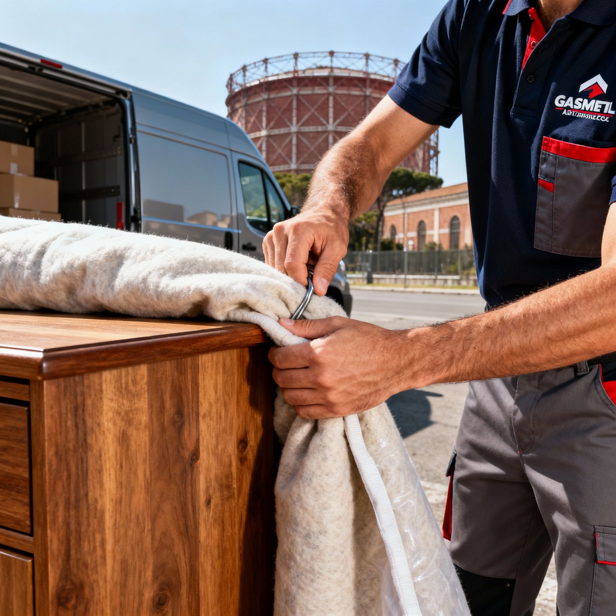 Trasloco Ostiense - dettaglio di mani che proteggono un mobile con coperte professionali di alta qualità durante il trasloco.