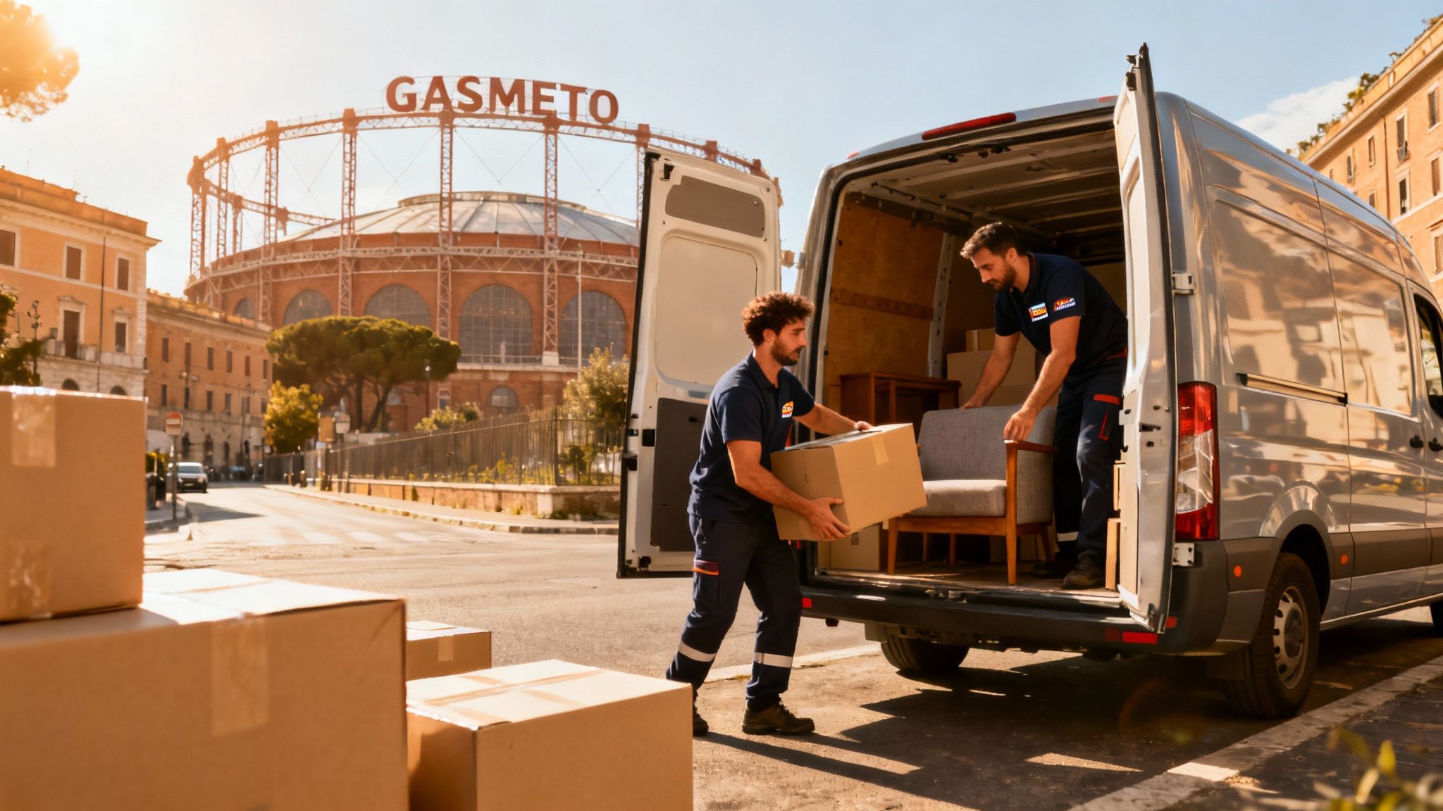 Trasloco Ostiense - squadra professionale carica furgone moderno con il Gasometro sullo sfondo, servizio rapido e organizzato a Roma.