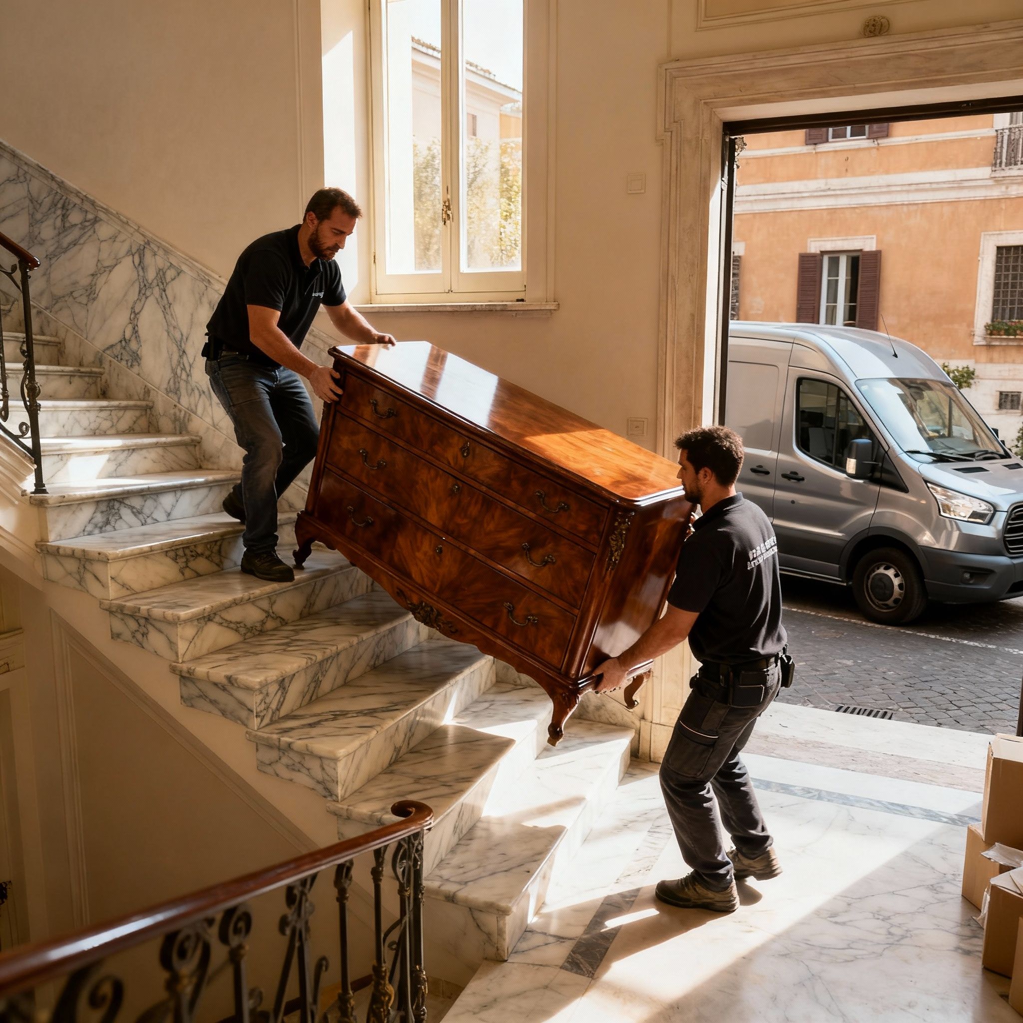 Trasloco Parioli - Team di esperti movimentano con cura un mobile di pregio sulle scale di un palazzo.