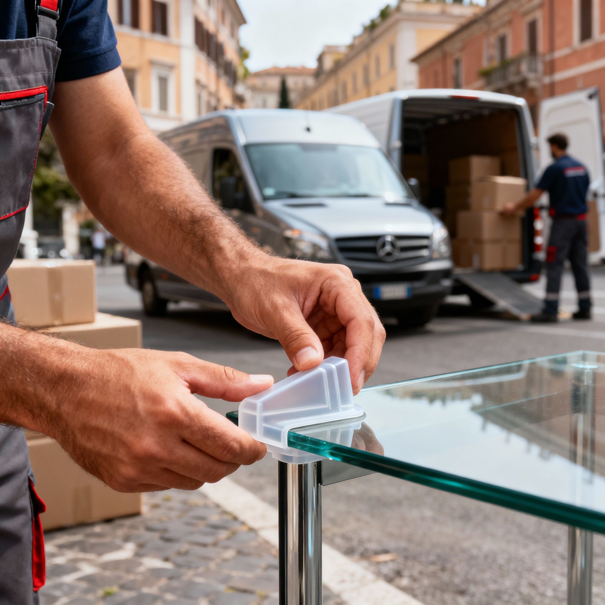 Trasloco Pietralata - dettaglio della protezione angolare applicata con precisione su un mobile fragile dal nostro staff.