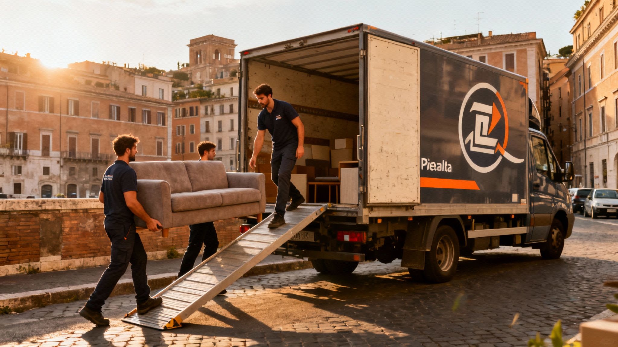 Trasloco Pietralata - squadra di traslocatori professionisti carica con efficienza mobili e scatole su un furgone moderno a Roma.