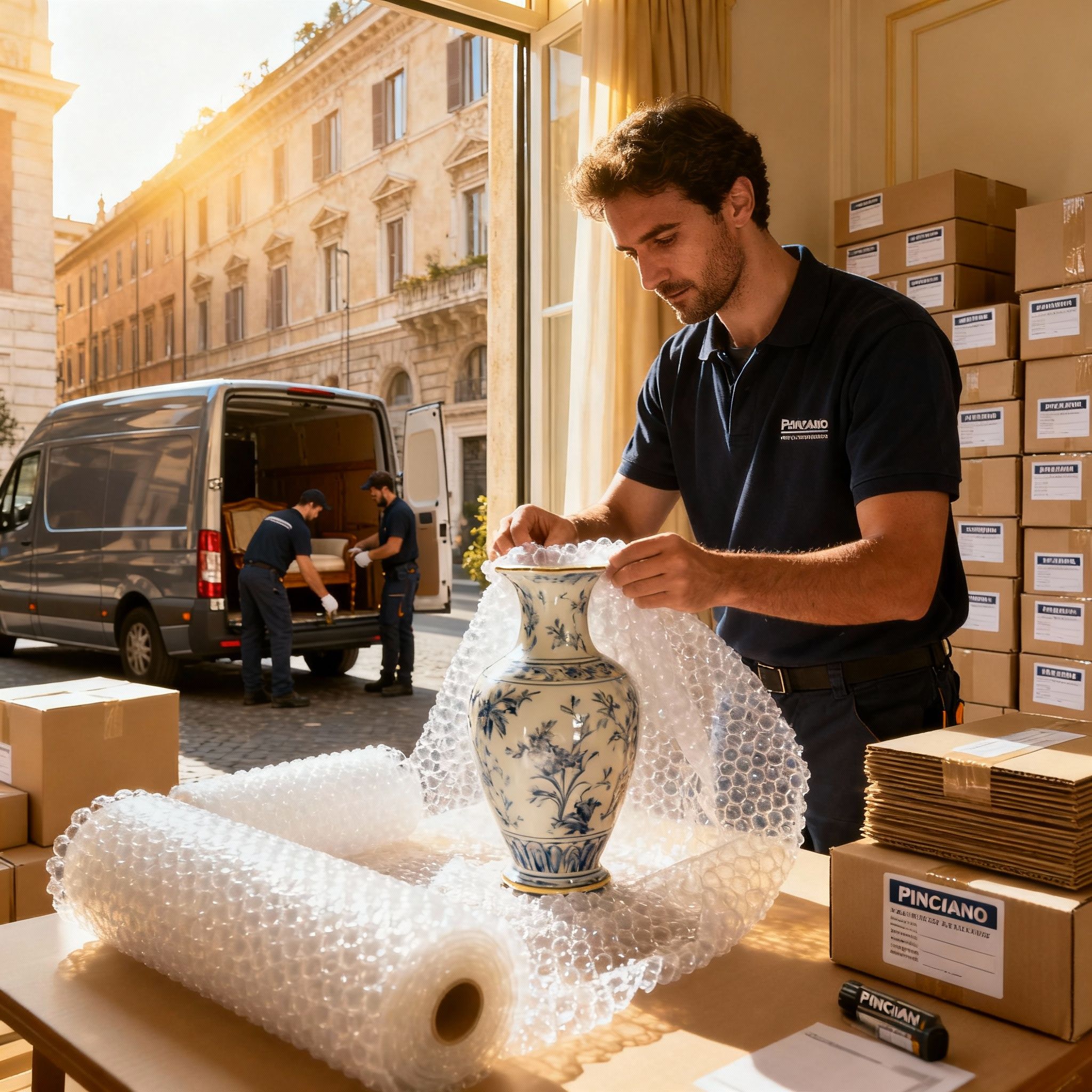 Servizio imballaggio professionale per Trasloco Pinciano: operatore protegge oggetti fragili con materiali di alta qualità.