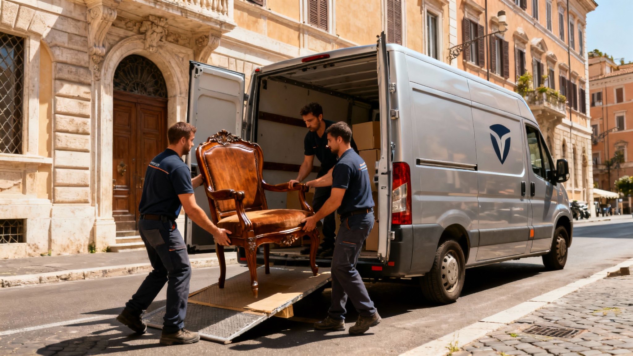Trasloco Pinciano Roma: squadra di professionisti carica con cura mobili su un furgone moderno in una via del quartiere.