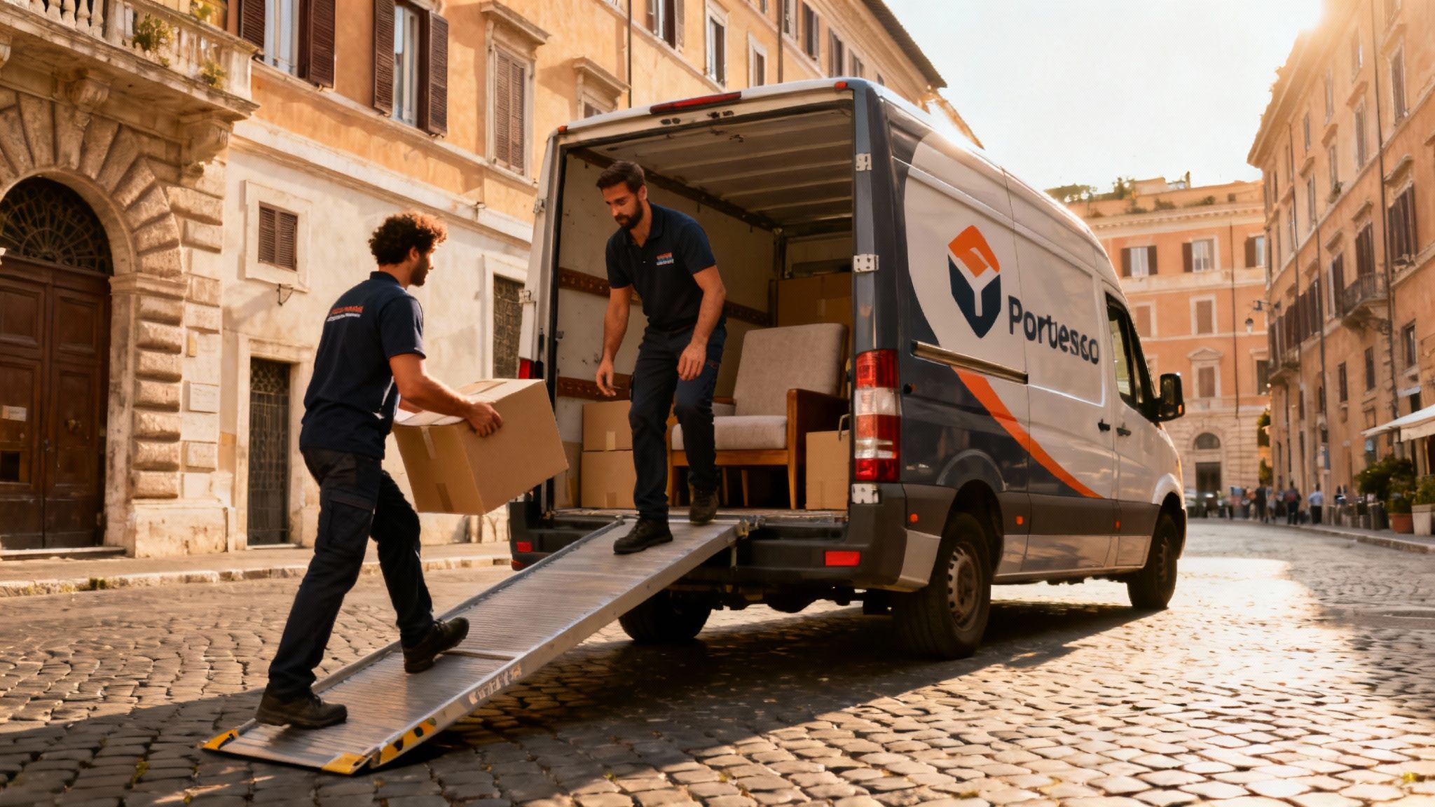 Trasloco Portuense Roma: squadra di professionisti carica con efficienza un furgone moderno nel quartiere.