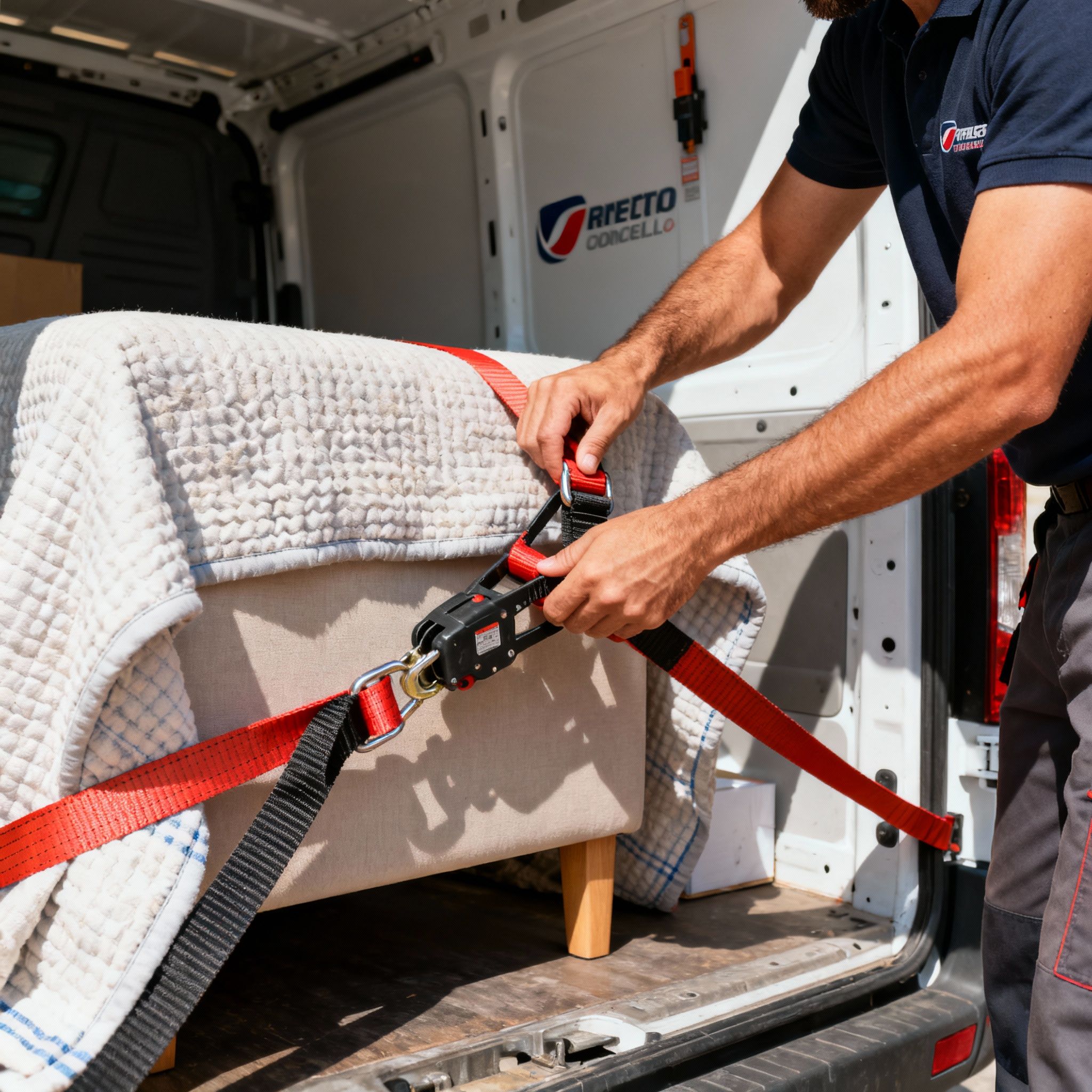 Trasloco Prenestino-Centocelle: dettaglio di un mobile assicurato con cinghie professionali all'interno del furgone.