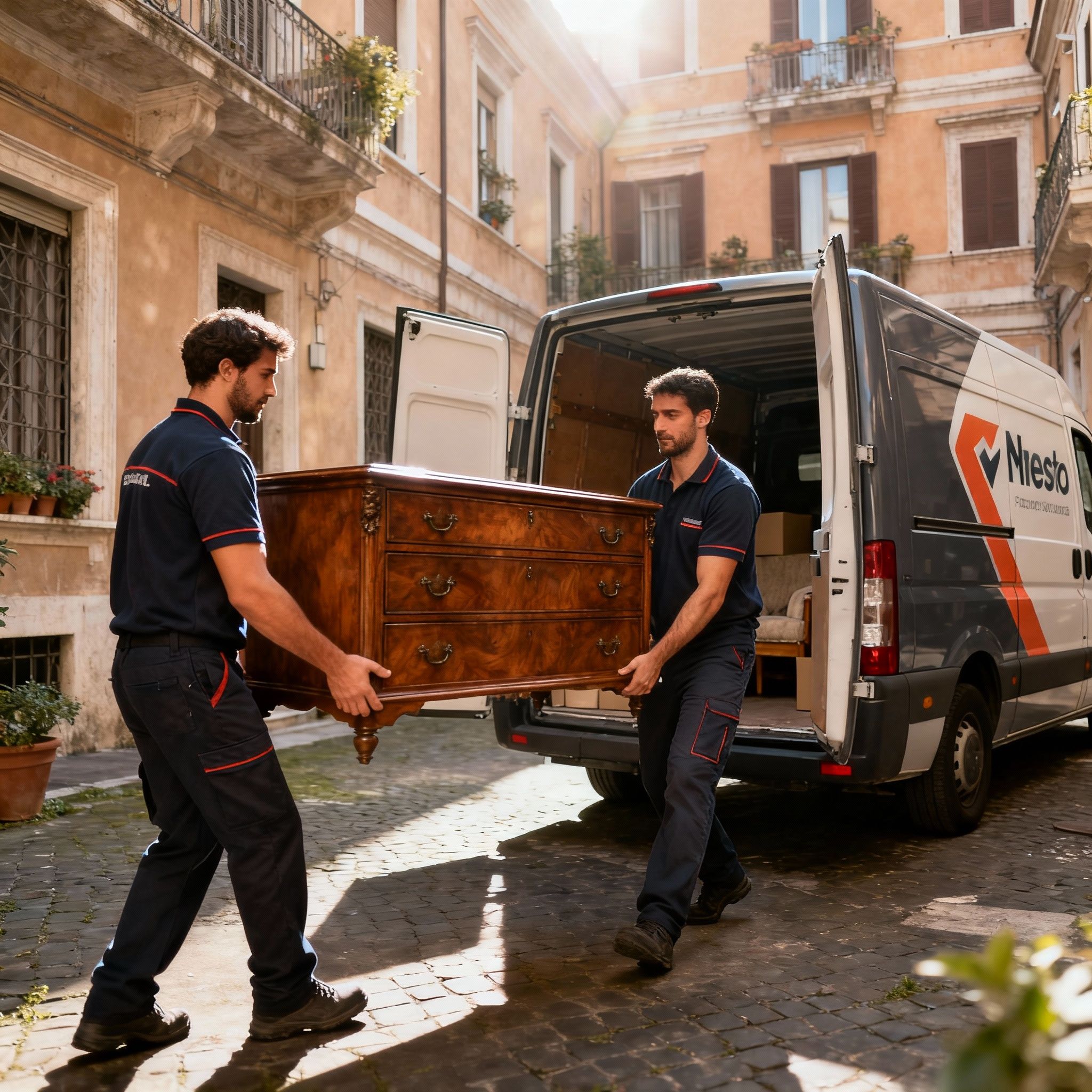 Trasloco Prenestino-Centocelle: team di traslocatori esperti che trasporta con cura mobili in un cortile condominiale.