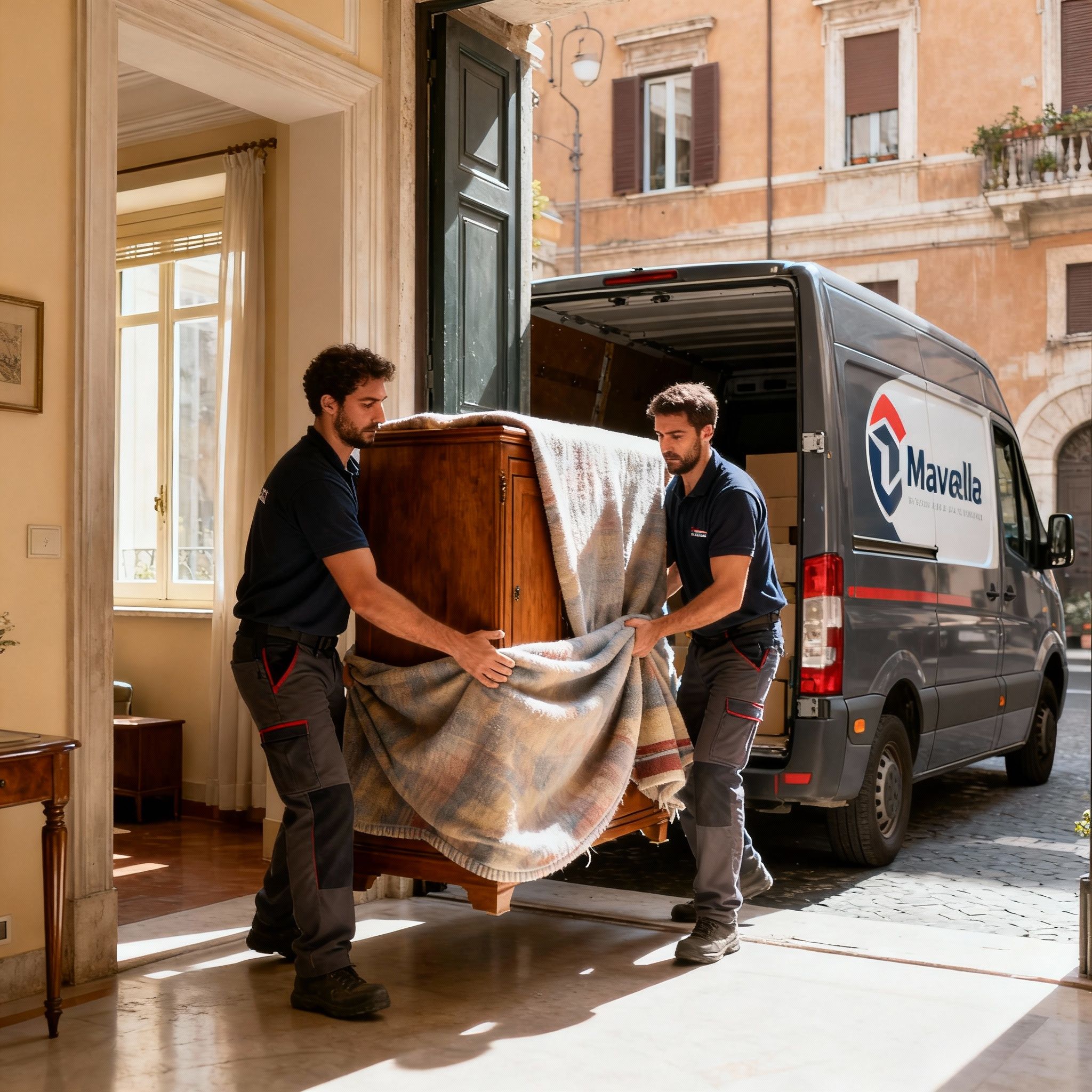Trasloco Primavalle - team di professionisti trasporta con attenzione un mobile di valore durante il servizio di trasloco.