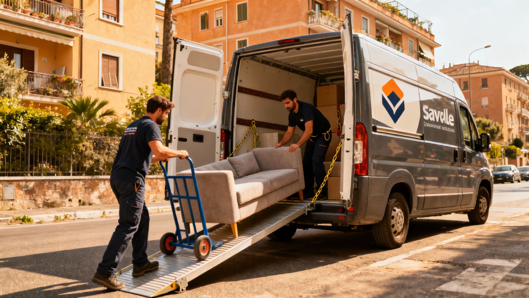 Trasloco Primavalle - squadra di traslocatori professionisti carica un furgone moderno nel quartiere di Roma.