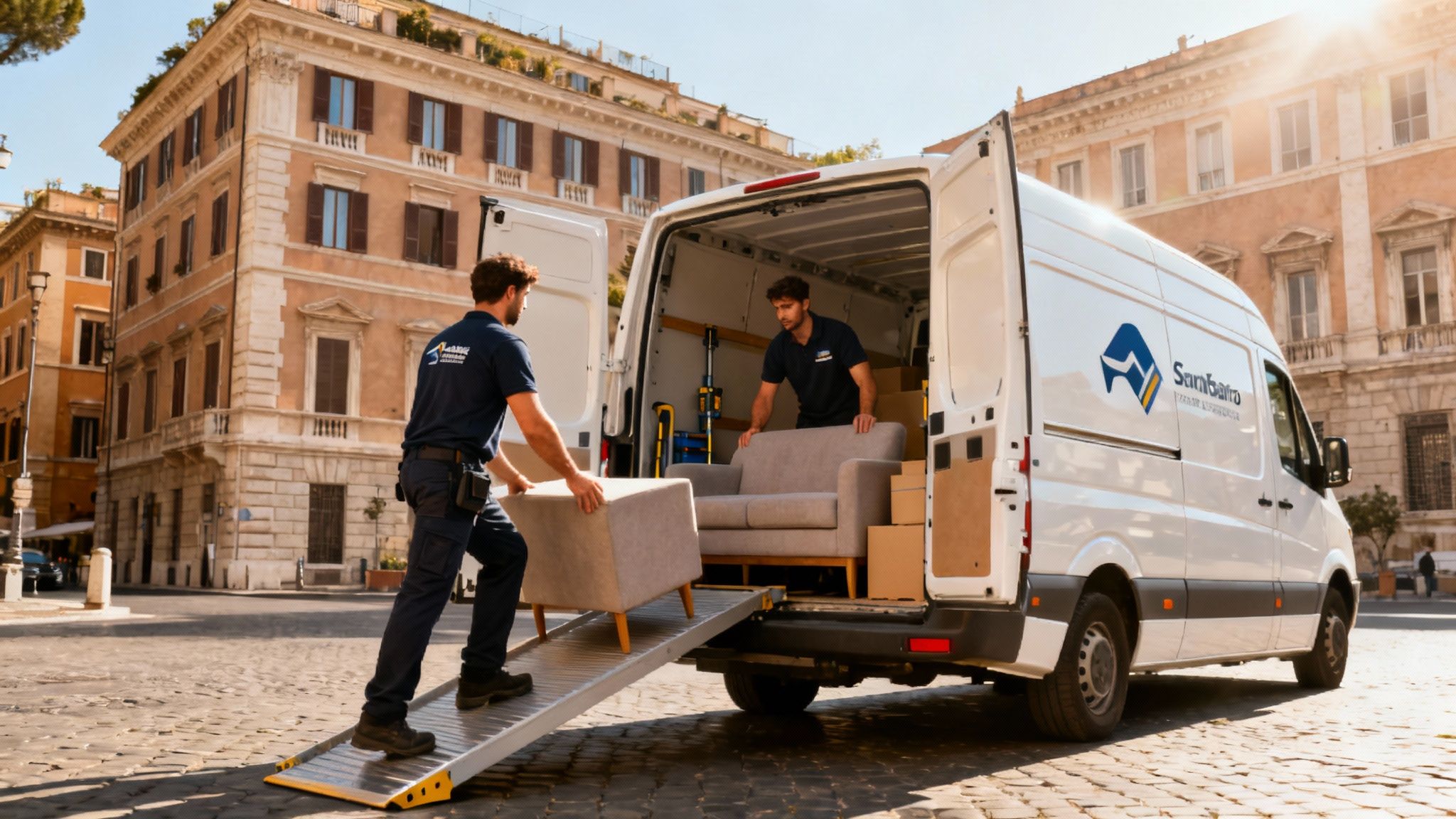 Trasloco Salario Roma - Squadra di traslocatori professionisti carica con efficienza un furgone moderno nel quartiere Salario.