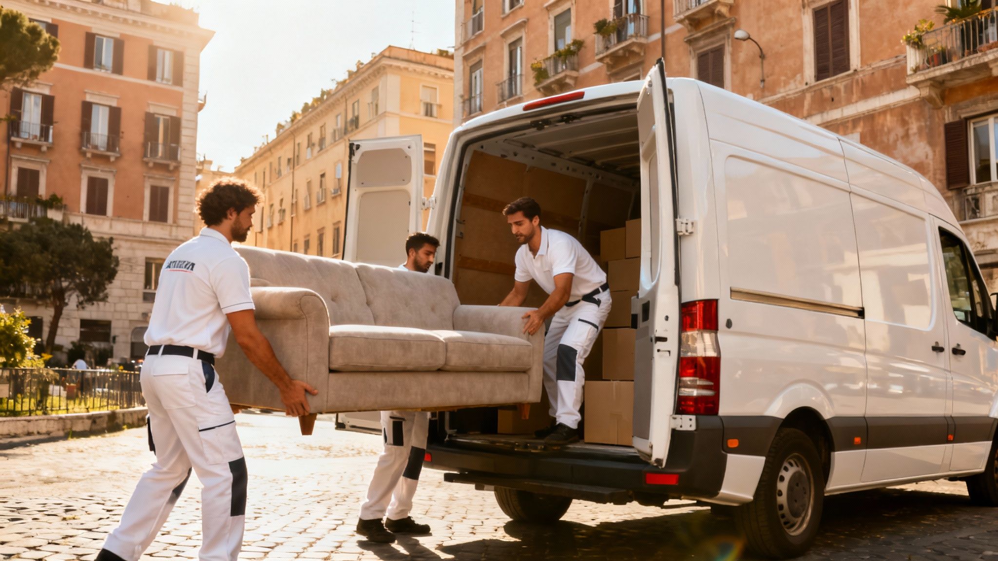 Trasloco San Basilio - Squadra di traslocatori professionisti carica un divano su un furgone moderno nel quartiere San Basilio a Roma.