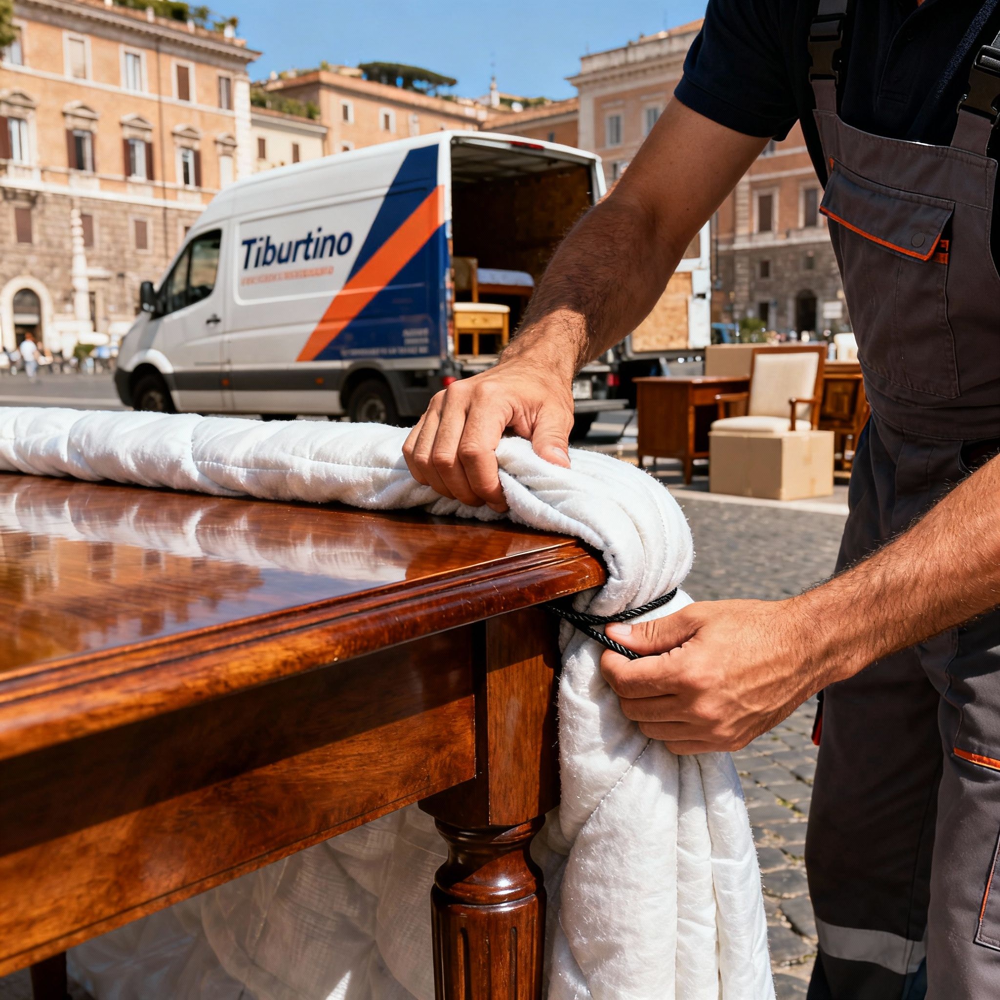 Trasloco Tiburtino - Dettaglio sulla protezione di un mobile di pregio con coperte professionali da imballaggio.