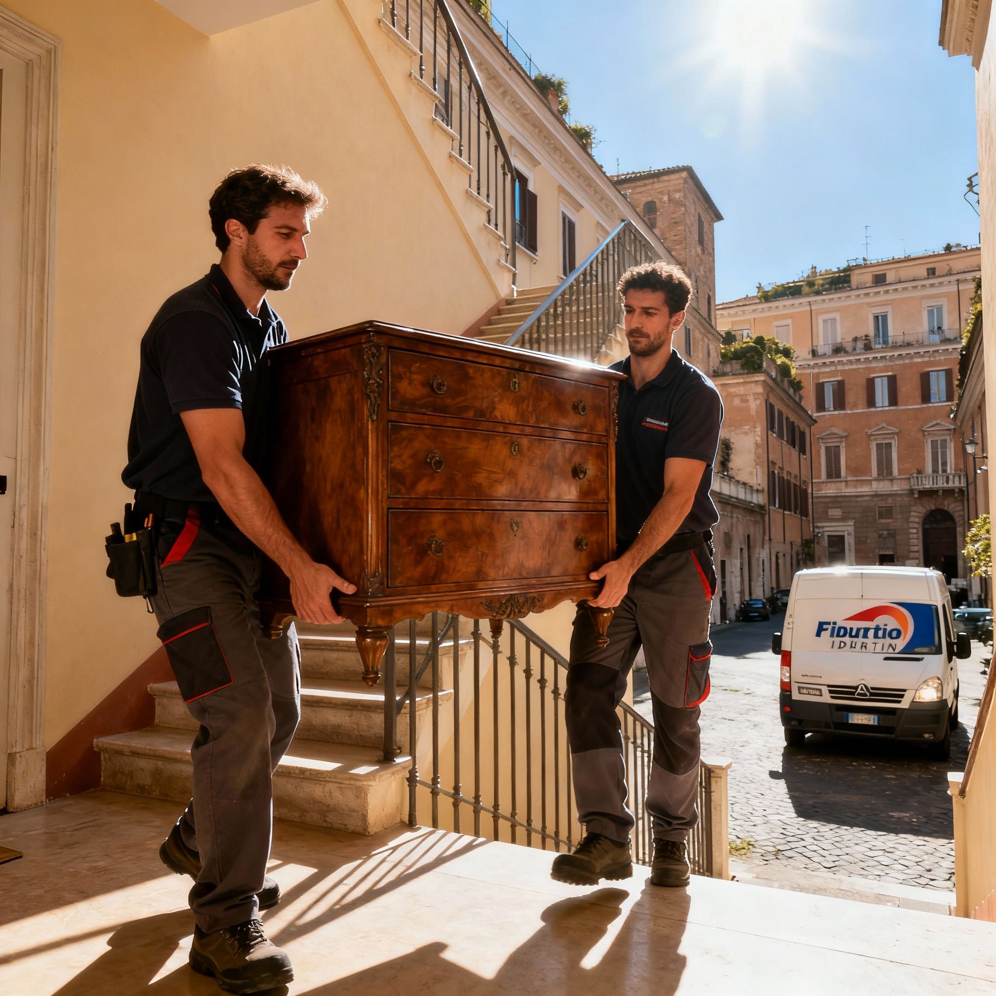 Trasloco Tiburtino - Team di esperti che trasporta un mobile antico con coordinazione e professionalità nelle scale di un palazzo.
