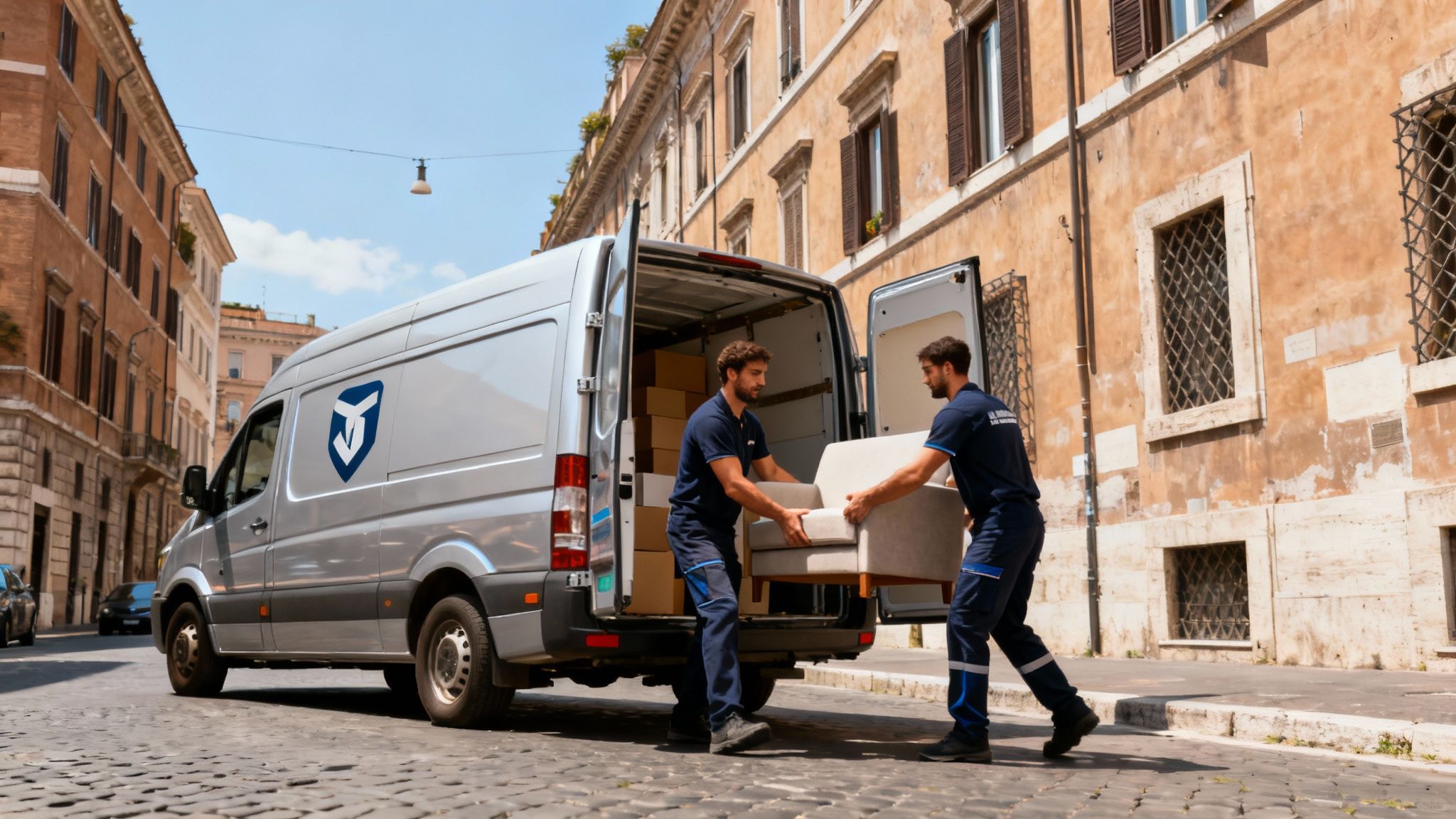 Trasloco Tiburtino - Squadra di traslocatori professionisti carica mobili su furgone brandizzato nel quartiere Tiburtino.