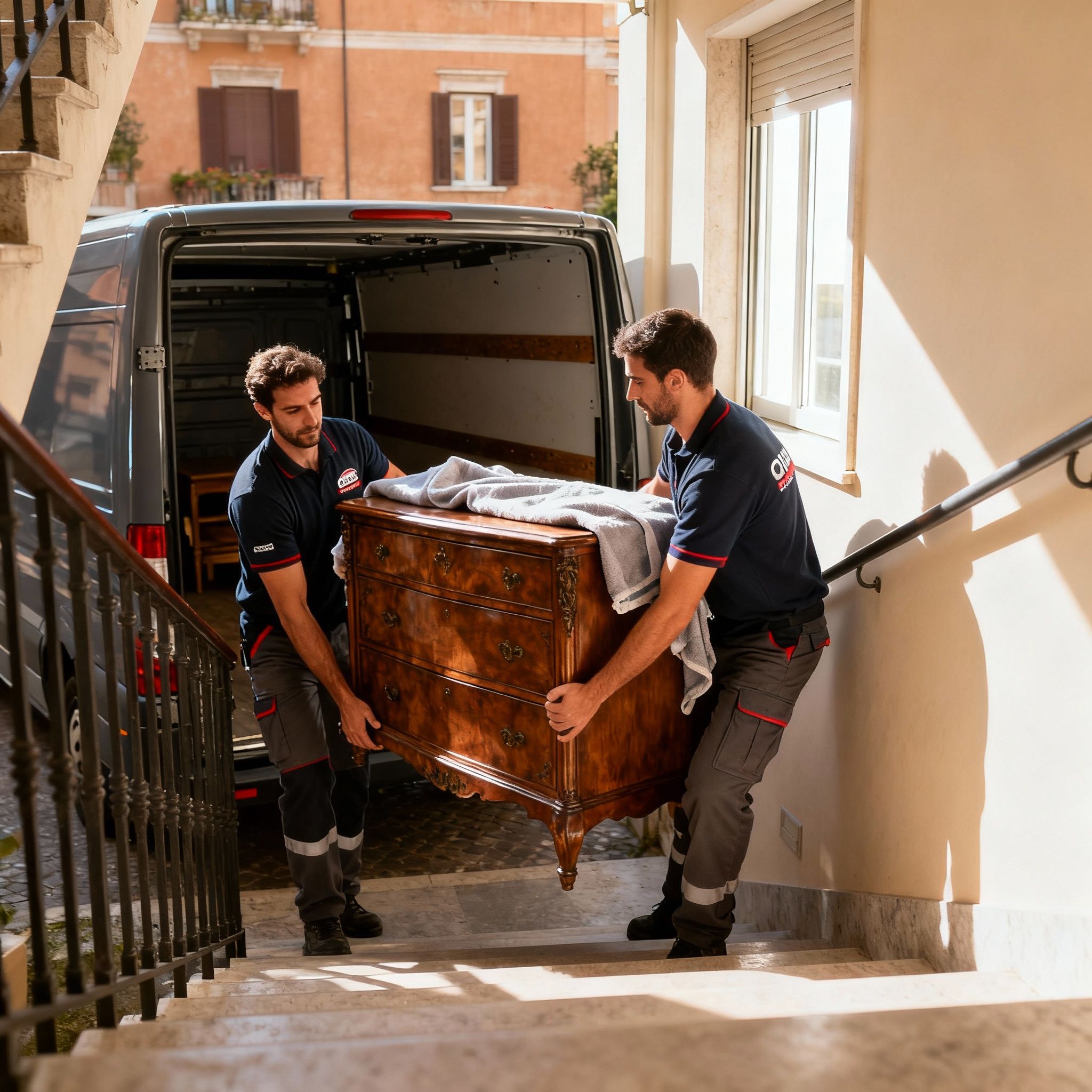 Trasloco Tor di Quinto - Team di traslocatori esperti che trasporta con cura un mobile pesante sulle scale di un palazzo.