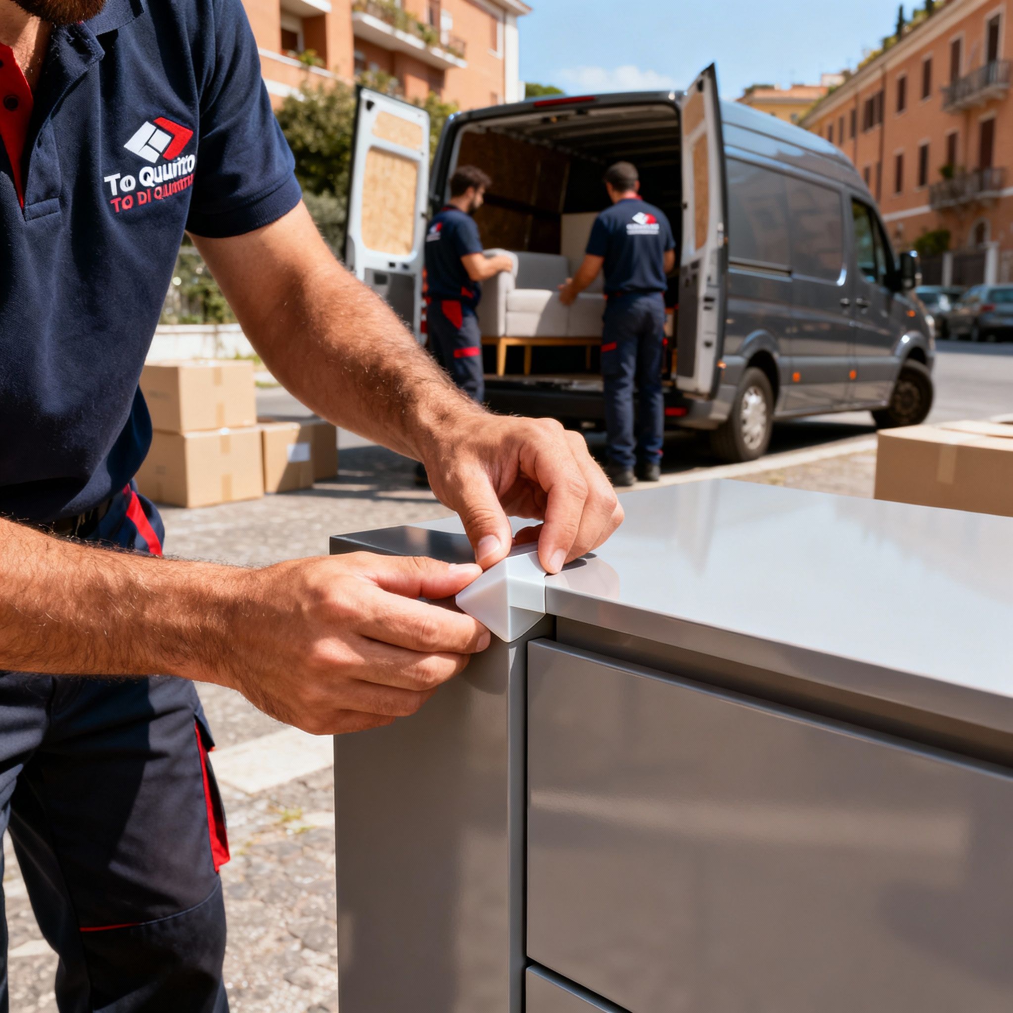 Trasloco Tor di Quinto - Dettaglio sulle mani di un addetto che protegge un angolo di un mobile con perizia.