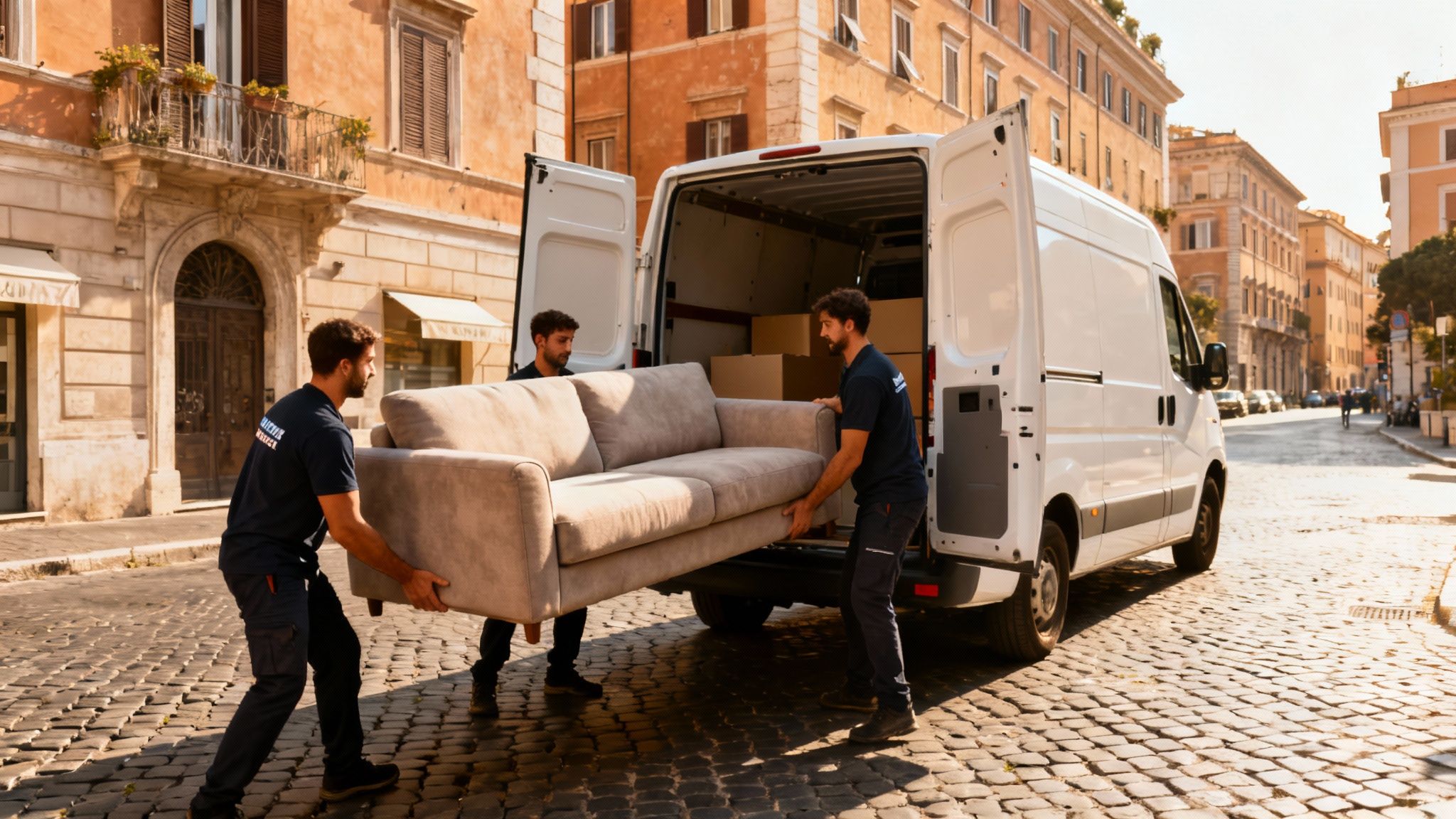 Trasloco Trionfale Roma: squadra di professionisti carica con cura un divano su un furgone moderno e pulito nel quartiere.
